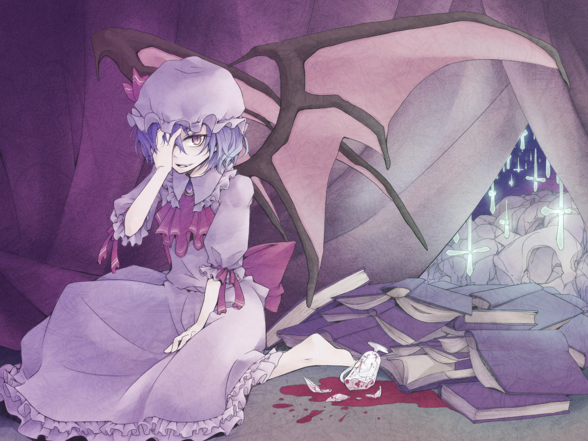 tokikane mikan, remilia scarlet, touhou, light purple hair, 1girl, barefoot, bat wings, female focus, hat, red eyes, short hair, sitting, solo, wings