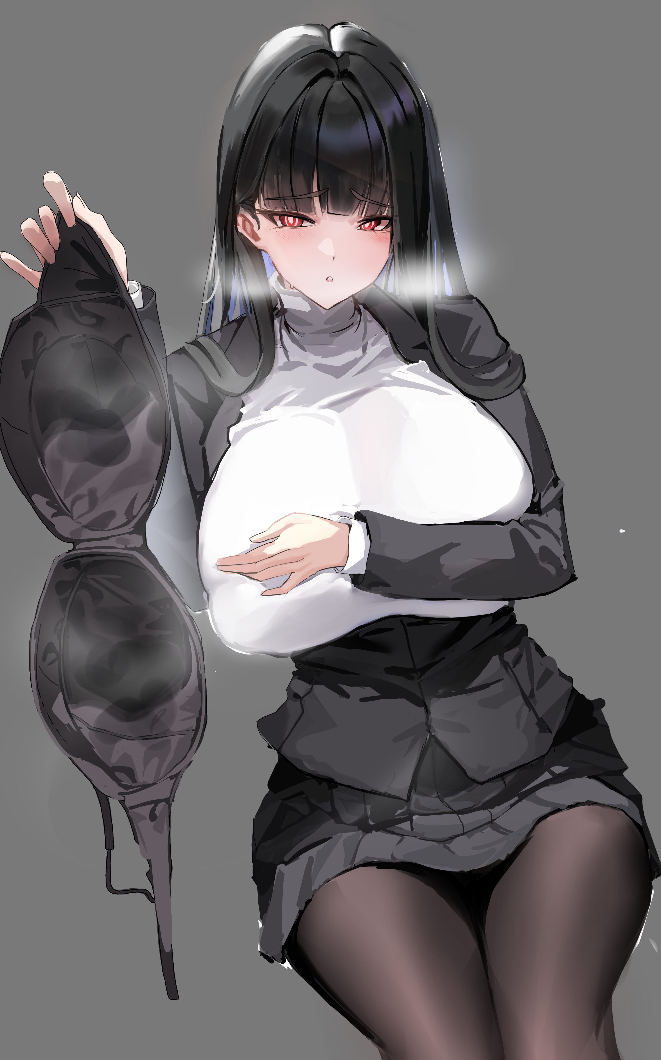 mimiim, rio (blue archive), blue archive, absurdres, commentary request, highres, 1girl, black bra, black hair, black halo, black pantyhose, bra, breasts, bright pupils, grey background, hair behind ear, hair ornament, hairclip, halo, holding, holding bra, holding underwear, holding unworn clothes, huge breasts, looking at viewer, pantyhose, presenting bra, red eyes, ringed eyes, sitting, solo, sweater, thighs, turtleneck, turtleneck sweater, underwear, unworn bra, white pupils, white sweater