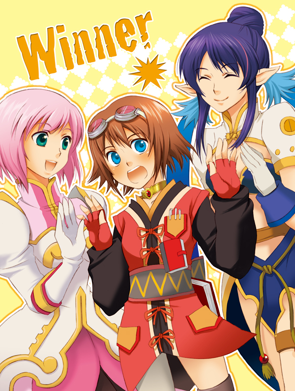 micha (chaho), estellise sidos heurassein, judith (tales), rita mordio, tales of (series), tales of vesperia, 00s, 3girls, blue eyes, blue hair, blush, bob cut, breasts, brown hair, choker, closed eyes, english text, flat chest, gloves, goggles, goggles on head, green eyes, long hair, medium breasts, multiple girls, object in pocket, outline, pen in pocket, pink hair, pocket, pointy ears, short hair, smile, text focus, thighhighs