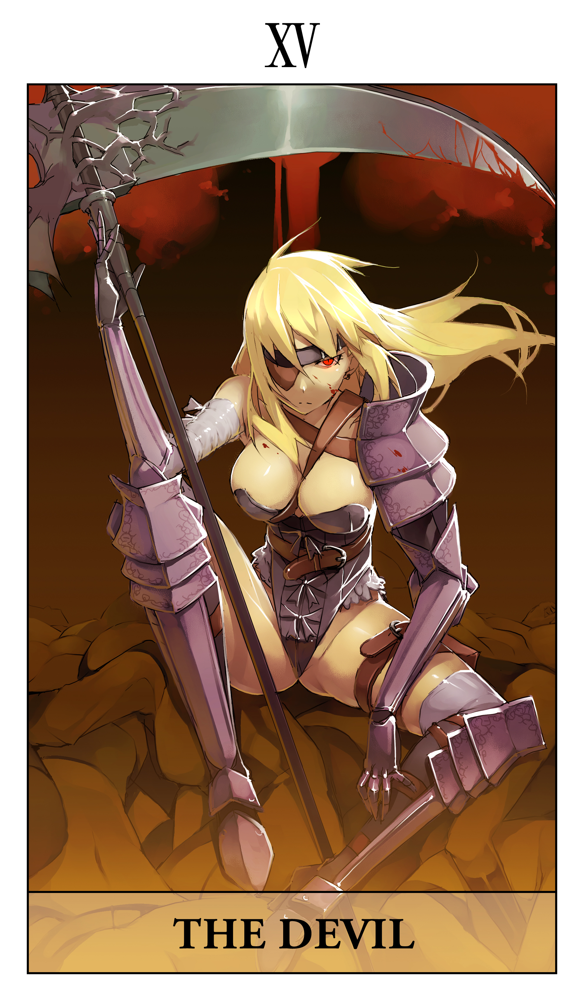 kyo (kuroichigo), fantasy earth zero, absurdres, highres, 1girl, armor, belt, blonde hair, blood, breasts, card (medium), eyepatch, fantasy, female focus, glowing, glowing eyes, large breasts, long hair, red eyes, solo, tarot, tarot (medium), the devil (tarot), thigh strap