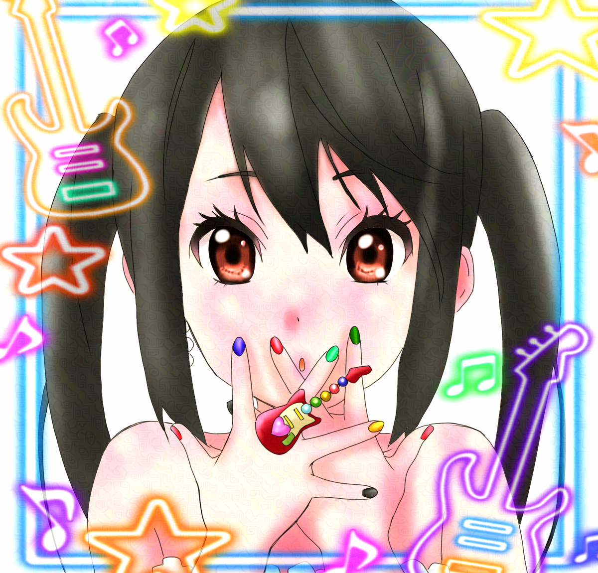 nakano azusa, k-on!, artist request, source request, 1girl, bare shoulders, black hair, black nail polish, brown eyes, collarbone, dot nose, facing viewer, feet out of frame, female focus, guitar, hair between eyes, instrument, long hair, looking at viewer, musical note, nail polish, open mouth, sleeveless, solo, standing, star (symbol), twintails, upper body