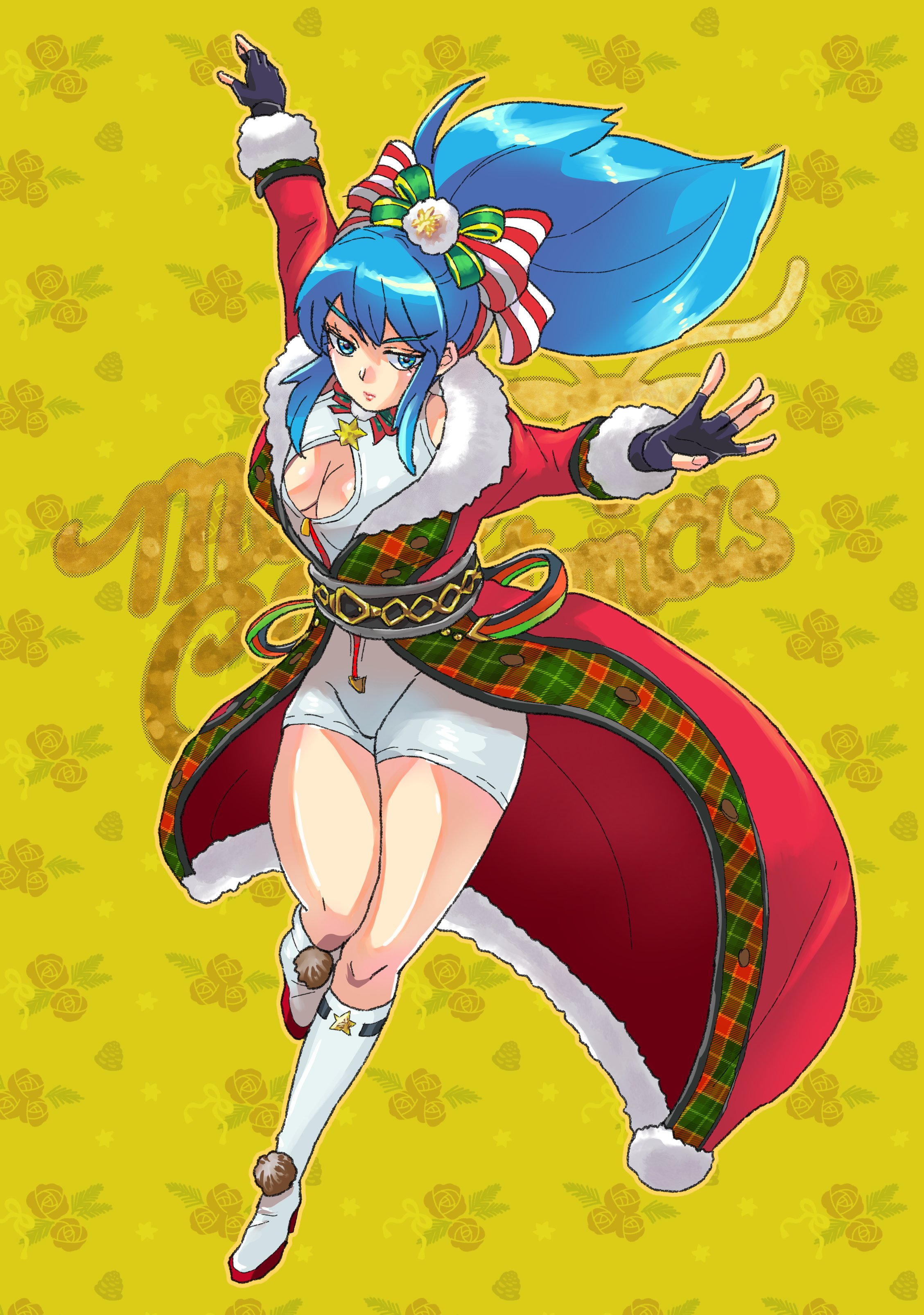 bardothodol, leona heidern, the king of fighters, 1girl, bike shorts, blue eyes, blue hair, breasts, christmas, cleavage cutout, clothing cutout, coat, curvy, fluffy, huge breasts, large breasts, long hair, pale skin, pants, ponytail, socks, star (symbol), thick thighs, thighs, tight clothes, tight pants