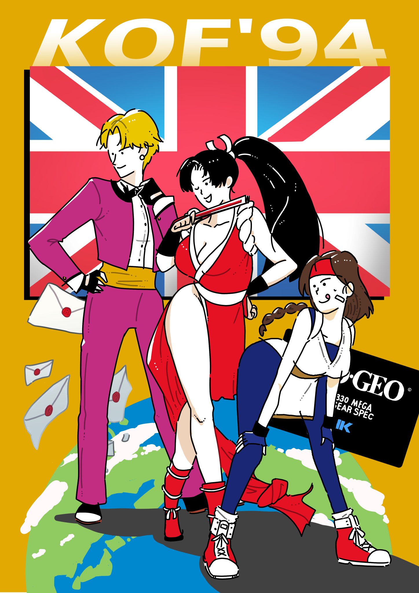 king (snk), shiranui mai, yuri sakazaki, the king of fighters, 3girls, blonde hair, bow, bowtie, braid, brown hair, earrings, female focus, formal clothes, gloves, hairband, japanese clothes, jewelry, long hair, multiple girls, ninja, pale skin, short hair, suit, tokinomanimani2, tuxedo