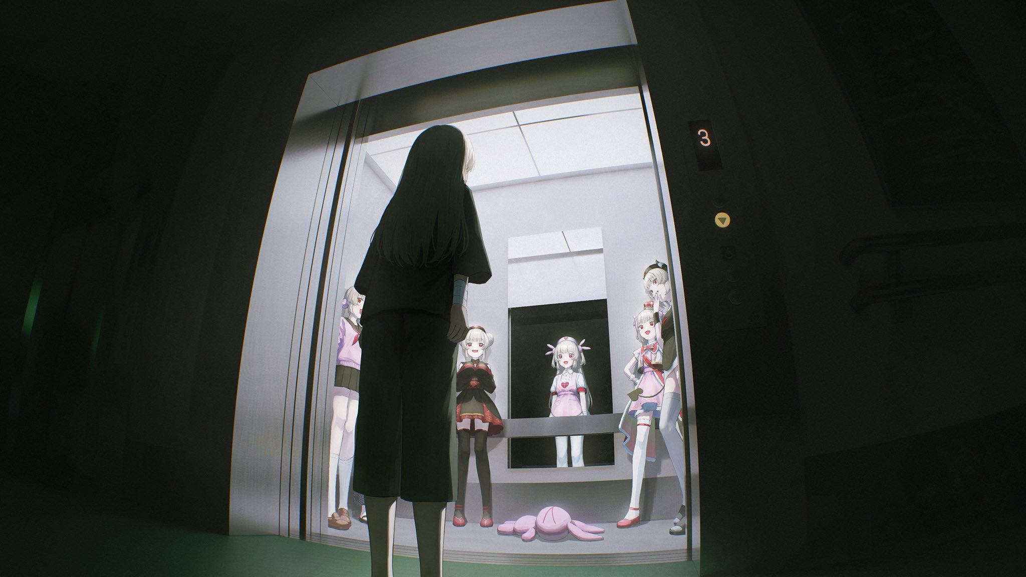 tokaki, natori sana, sana channel, hashtag-only commentary, highres, 6+girls, apron, black dress, black thighhighs, blurry, brown hair, dark, depth of field, dress, elevator, fisheye, hat, indoors, long hair, mirror, multiple girls, multiple persona, nurse, nurse cap, official alternate costume, pink apron, standing, stuffed animal, stuffed rabbit, stuffed toy, thighhighs, virtual youtuber, white thighhighs