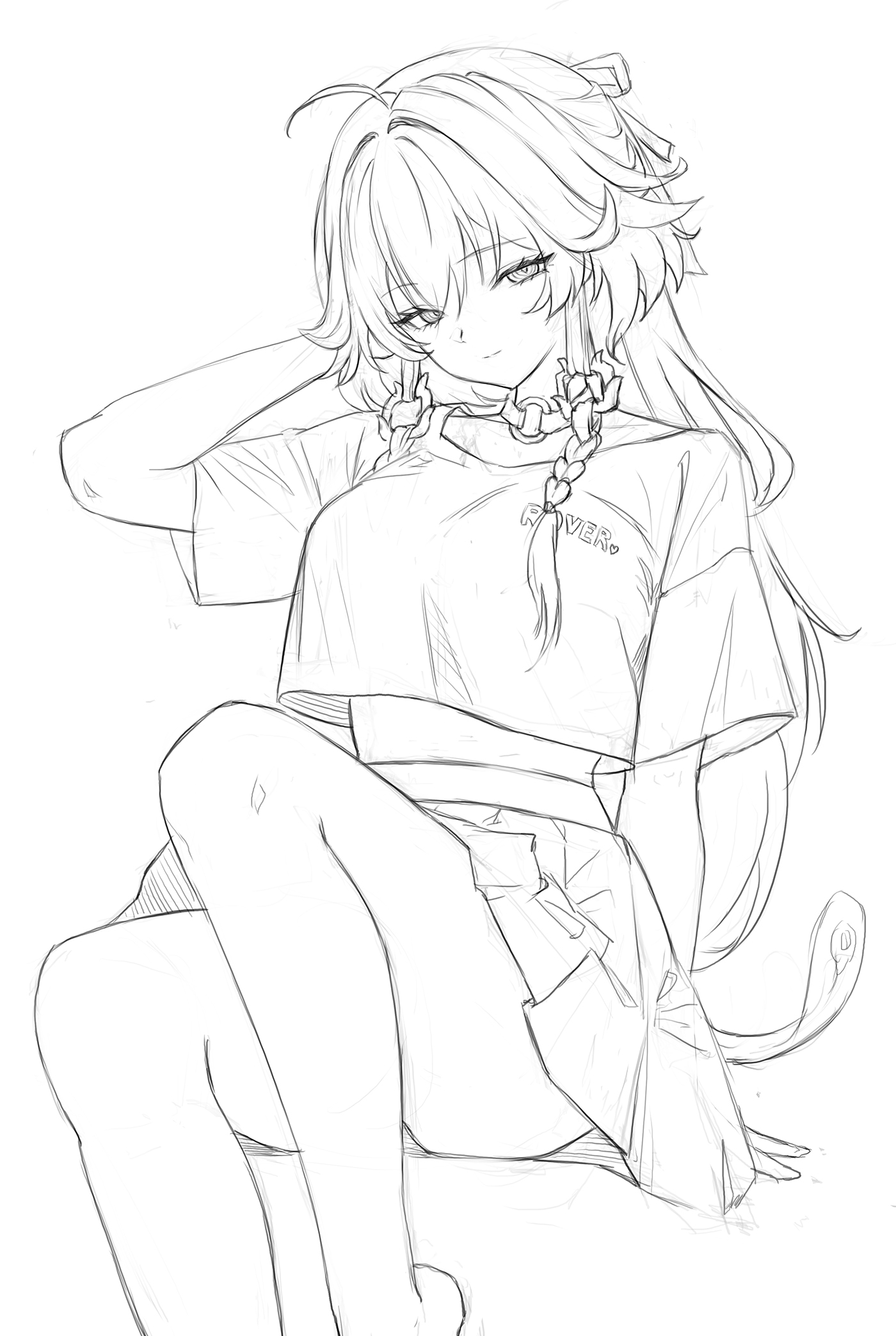 ddcc0123, changli (wuthering waves), wuthering waves, commentary, highres, 1girl, ahoge, alternate costume, arm up, braid, breasts, choker, closed mouth, crop top, feather hair, feet out of frame, hair extensions, large breasts, lineart, long hair, looking at viewer, o-ring, o-ring choker, ring hair extensions, simple background, sitting, sketch, skirt, solo, thighs, twin braids, white background