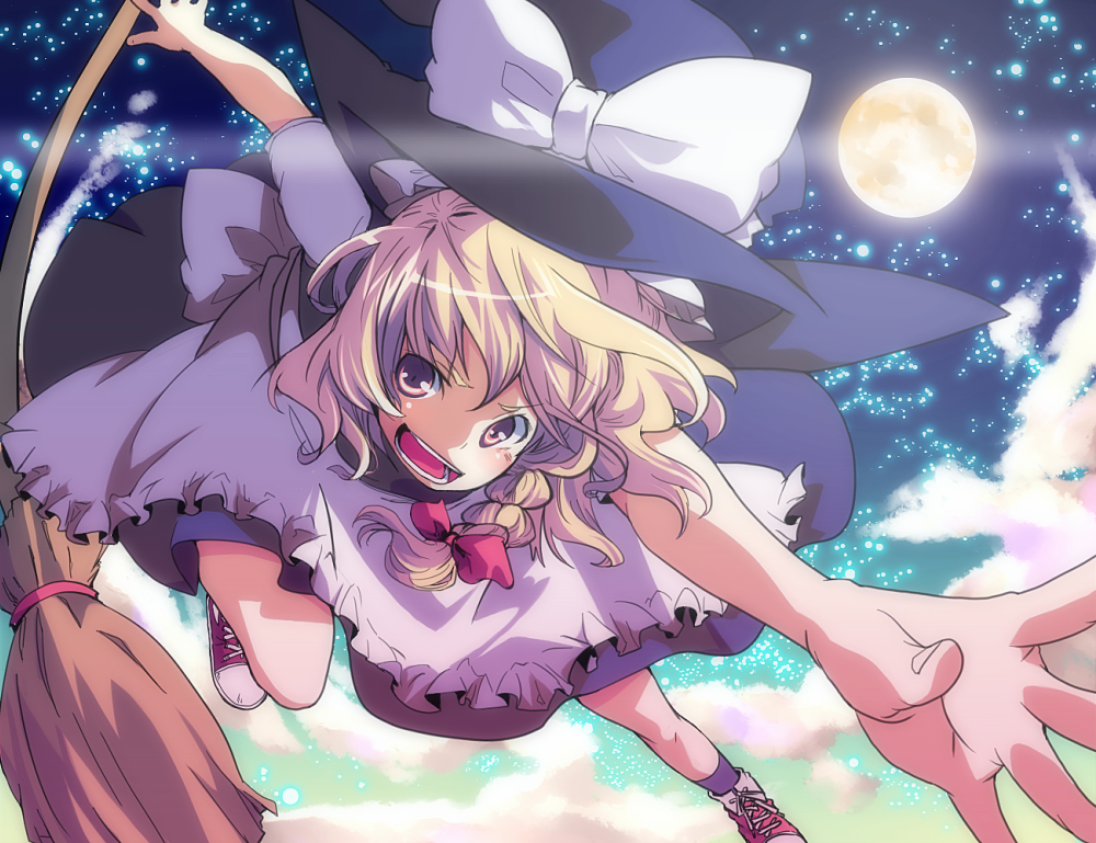kimino tomonari, kirisame marisa, touhou, 1girl, blonde hair, braid, broom, female focus, gradient background, hat, moon, outdoors, short hair, sky, solo, witch, witch hat, yellow eyes