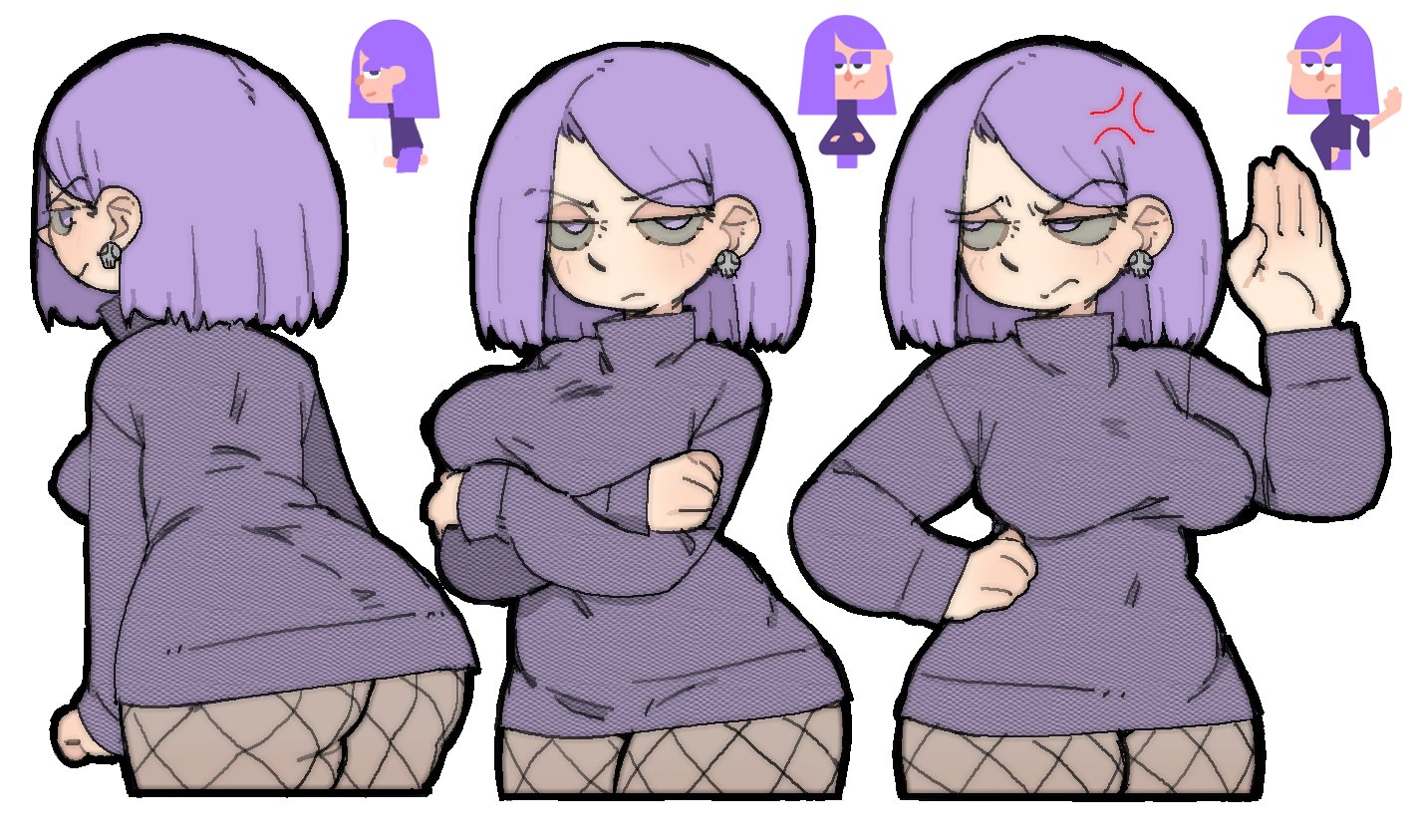 pantsu-ripper, lily (duolingo), duolingo, commentary, english commentary, 1girl, arms under breasts, ass, breasts, covered navel, crossed arms, fishnet pantyhose, fishnets, hair behind ear, hair ornament, hand on own hip, impossible clothes, impossible sweater, large breasts, leaning forward, medium hair, pantyhose, purple eyes, purple hair, purple sweater, raised eyebrows, reference inset, skull hair ornament, smile, sweater, turtleneck, turtleneck sweater