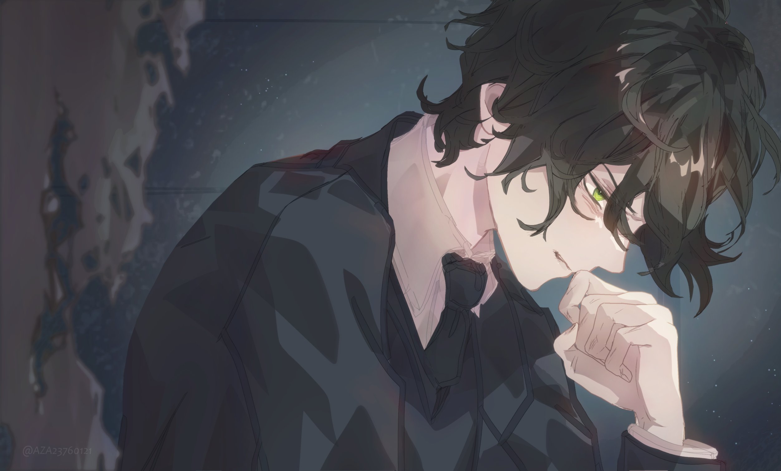 bedge, kylar (degrees of lewdity), kylar (male) (degrees of lewdity), degrees of lewdity, commentary, english commentary, highres, 1boy, black hair, black jacket, black necktie, collared shirt, from side, green eyes, jacket, necktie, shirt, solo, upper body, white shirt