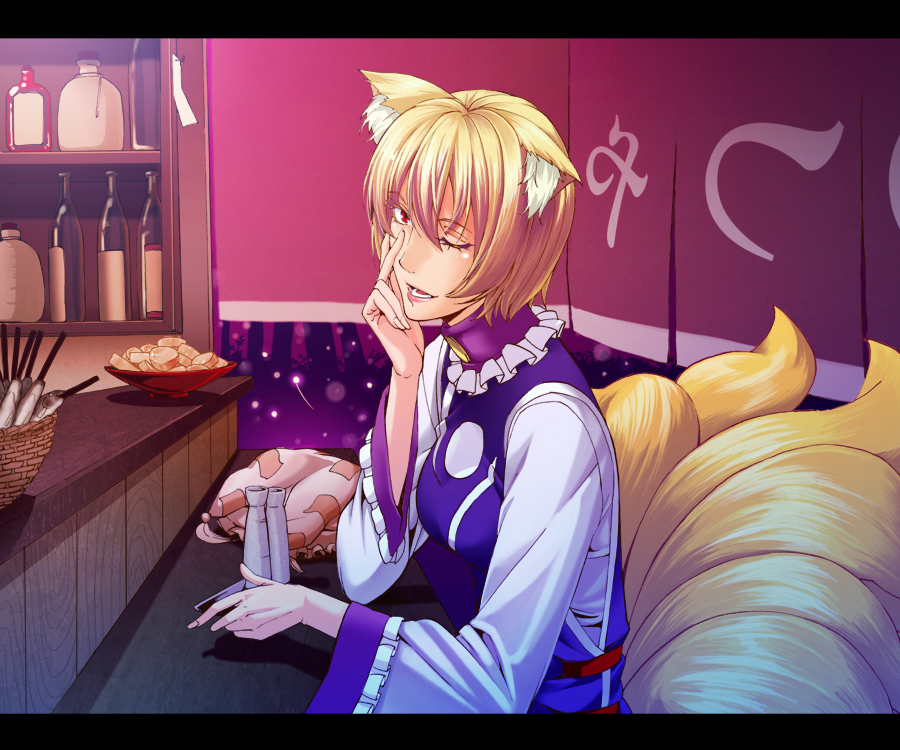 edo tatsuki, yakumo ran, touhou, 1girl, alcohol, animal ears, blonde hair, bottle, brown hair, female focus, fish, fox ears, fox tail, hat, kitsune, kyuubi, mob cap, multiple tails, one eye closed, red eyes, sake, solo, tabard, tail, unworn hat, unworn headwear, wink