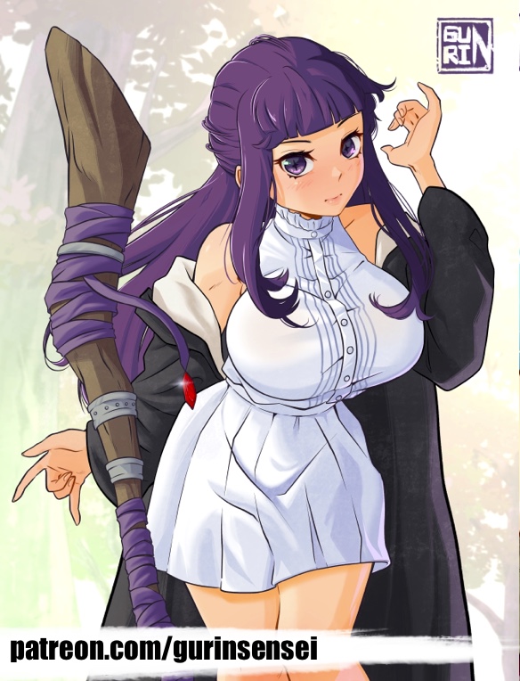 gurinsensei, fern (sousou no frieren), sousou no frieren, commentary, 1girl, artist logo, artist name, black coat, blunt bangs, breasts, closed mouth, coat, cowboy shot, dress, hand up, large breasts, leaning forward, logo, long hair, long sleeves, looking at viewer, mage staff, off shoulder, open clothes, open coat, patreon username, purple eyes, purple hair, short dress, sleeveless, sleeveless dress, solo, staff, standing, white dress