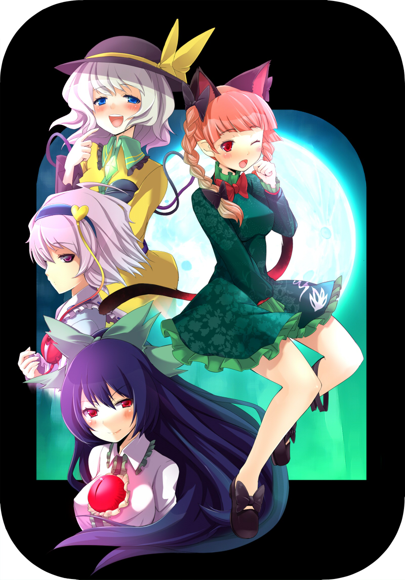 numako, kaenbyou rin, komeiji koishi, komeiji satori, reiuji utsuho, touhou, 4girls, animal ears, blush, braid, breasts, cat ears, cat girl, cat tail, dress, female focus, gradient background, hat, moon, multiple girls, one eye closed, sky, tail, twin braids, wink