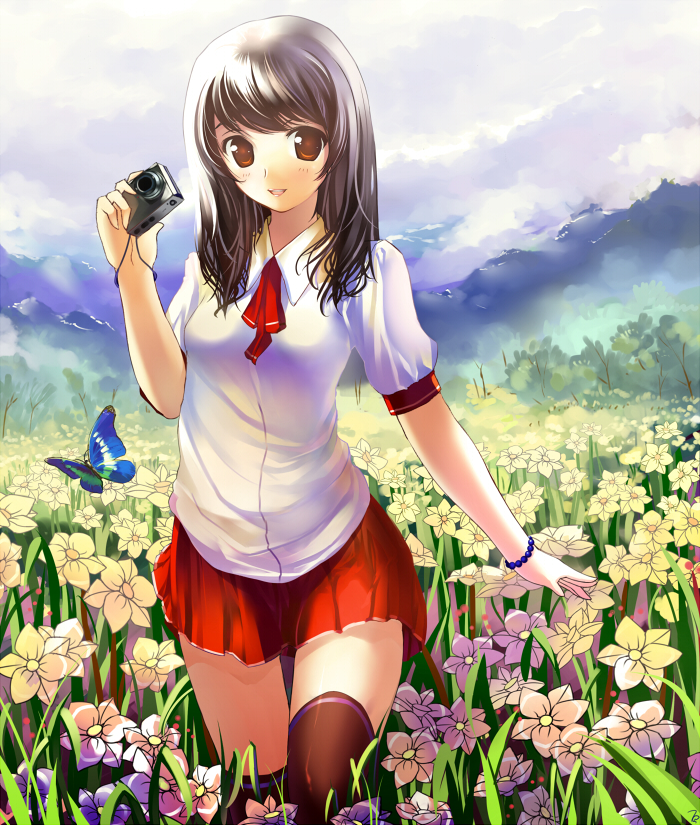 miyazakisoul, original, 1girl, bug, butterfly, camera, female focus, flower, insect, nature, outdoors, sky, solo, thighhighs, zettai ryouiki