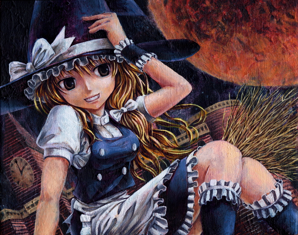 kabaji, kirisame marisa, touhou, oil painting (medium), painting (medium), traditional media, 1girl, blonde hair, breasts, broom, female focus, hat, long hair, outdoors, paint, skirt, sky, solo, witch, witch hat, yellow eyes