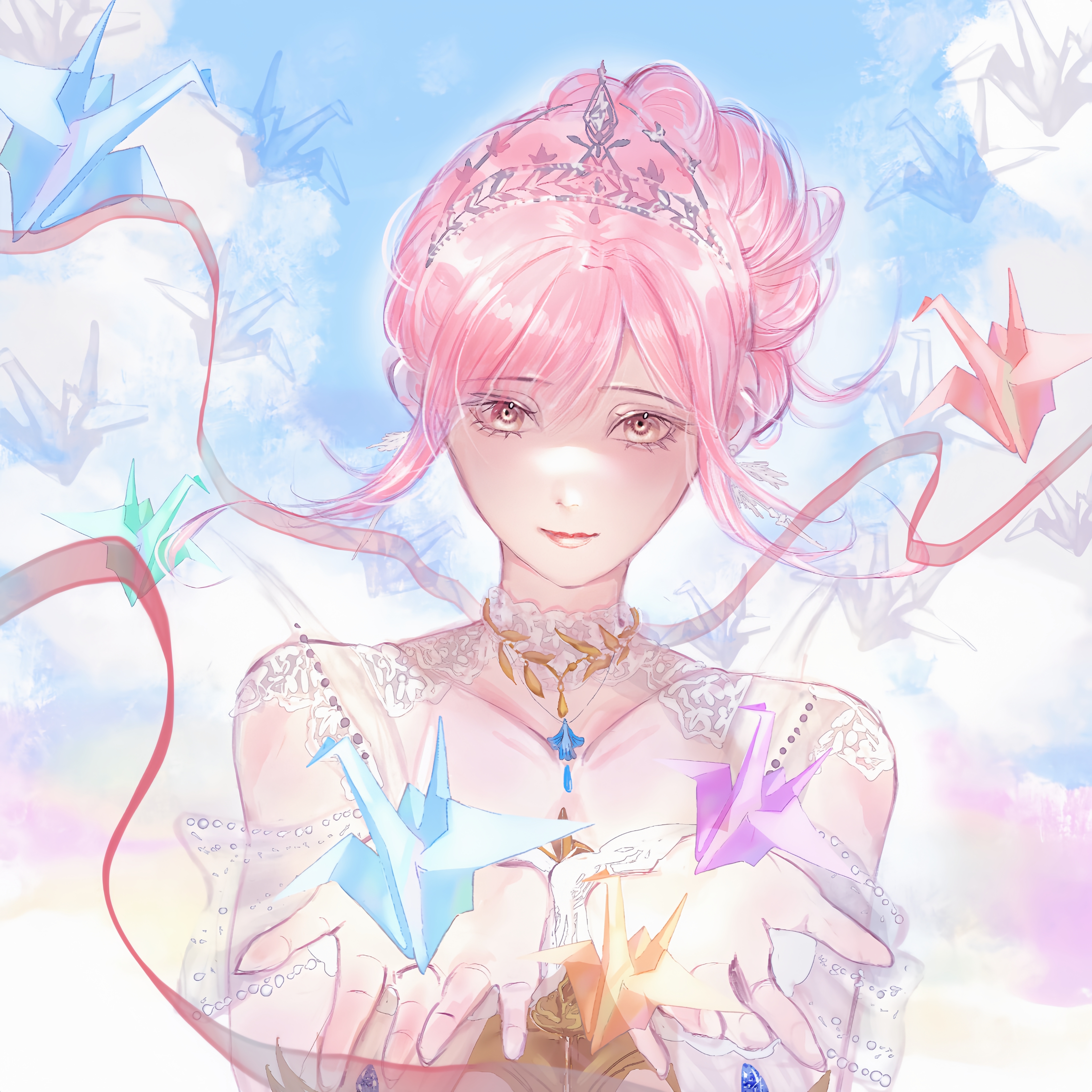 melody bloom (infinity nikki), nikki (nikki), infinity nikki, nikki (series), absurdres, chinese commentary, commentary request, highres, 1girl, beads, blue sky, brown eyes, closed mouth, cloud, collar, collarbone, day, detached collar, dress, earrings, eyelashes, feather earrings, feathers, floating hair, hair bun, happy, holding, jewelry, lace collar, lipstick, makeup, nostrils, off-shoulder dress, off shoulder, origami, outdoors, paper crane, pink hair, red lips, red ribbon, ribbon, see-through clothes, see-through sleeves, short hair with long locks, short sleeves, sidelocks, single hair bun, sky, smile, solo, tiara, upper body, white collar, white dress, wula0684