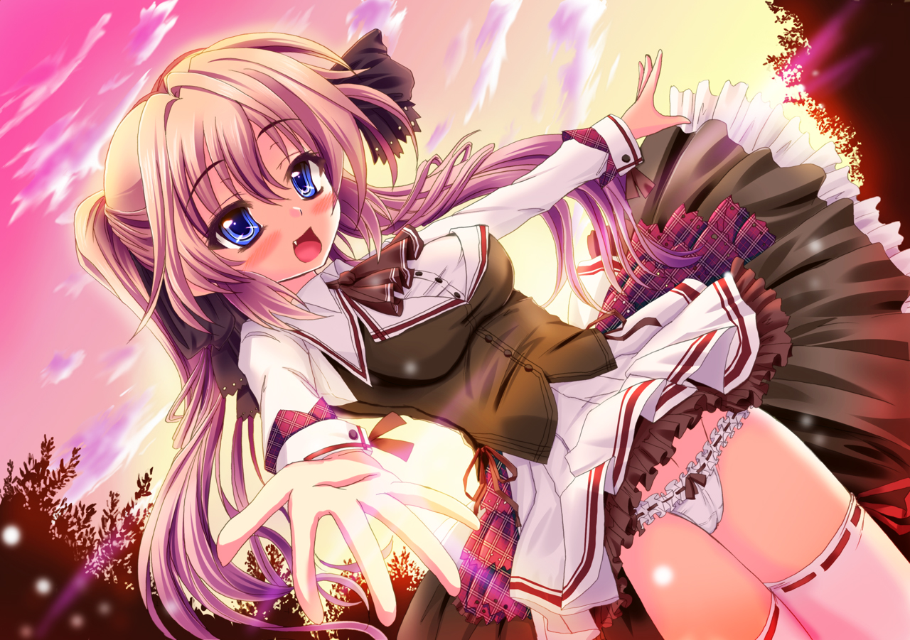 kamishiro ryuu, original, 1girl, blonde hair, blue eyes, blush, cloud, evening, fang, female focus, long hair, nature, outdoors, panties, school uniform, sky, solo, sunset, thighhighs, tree, underwear