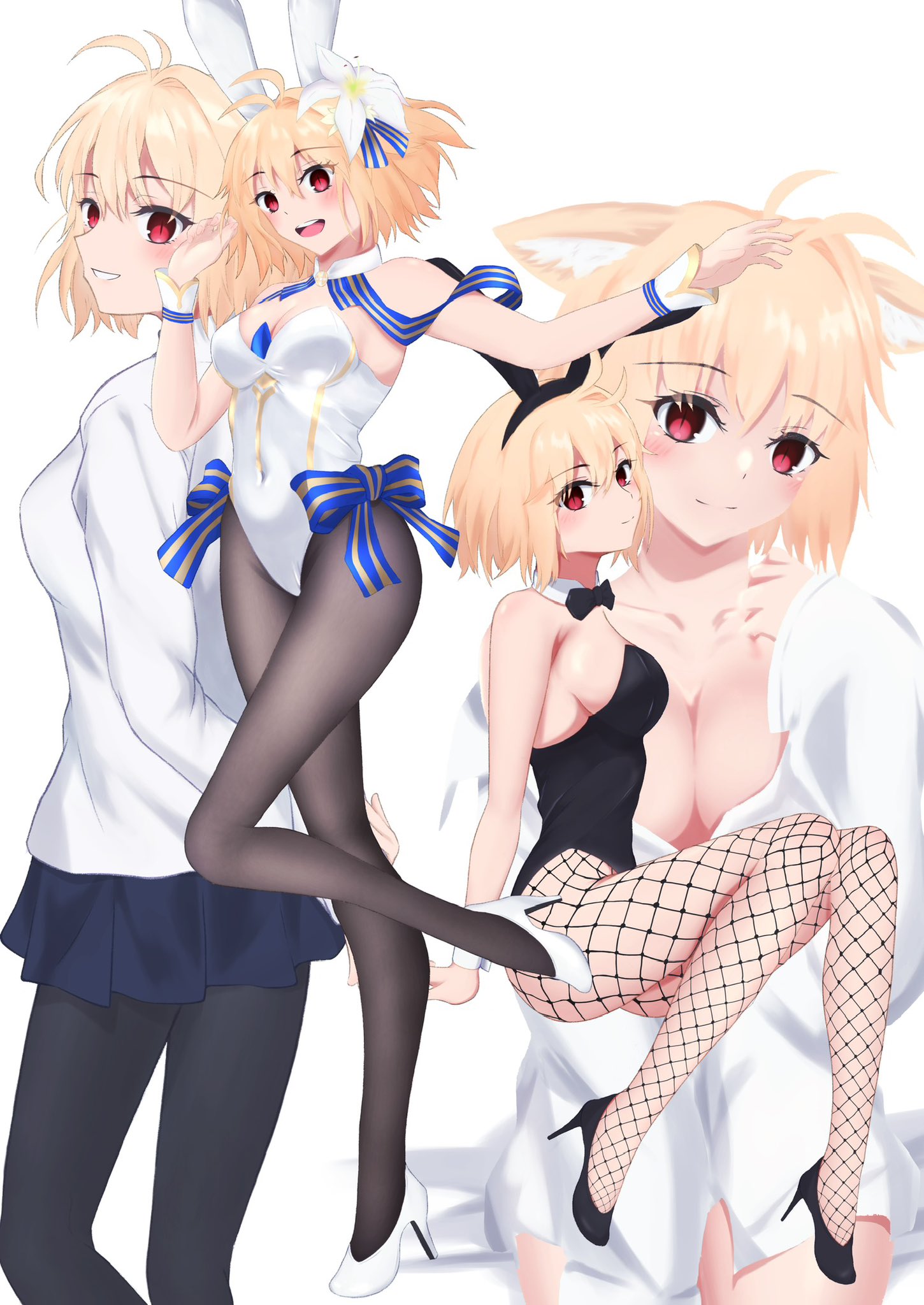 taketsuki 217, arcueid brunestud, tsukihime, tsukihime (remake), commentary request, highres, 4girls, :d, alternate costume, animal ear fluff, animal ears, arms at sides, arms behind back, black leotard, black shoes, blue bow, blue ribbon, blush, bow, bowtie, breasts, brown pantyhose, cat ears, cat girl, cleavage, collared shirt, fake animal ears, fishnet pantyhose, fishnets, flower, gold trim, hair flower, hair ornament, happy, high heels, huge breasts, leotard, light smile, looking at viewer, loose clothes, loose shirt, multiple girls, open mouth, pantyhose, rabbit ears, ribbon, shirt, shoes, sideboob, sitting, smile, sweater, thick thighs, thighs, turtleneck, turtleneck sweater, white leotard, white shirt, white shoes, white sweater, wrist cuffs