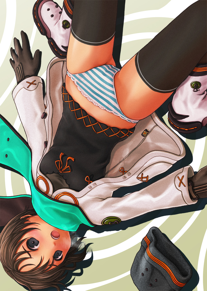 v-mag, original, 1girl, black thighhighs, blouse, blue panties, boots, brown eyes, brown hair, female focus, gloves, jacket, lying, no pants, on back, panties, shirt, short hair, solo, striped clothes, striped panties, thighhighs, underwear