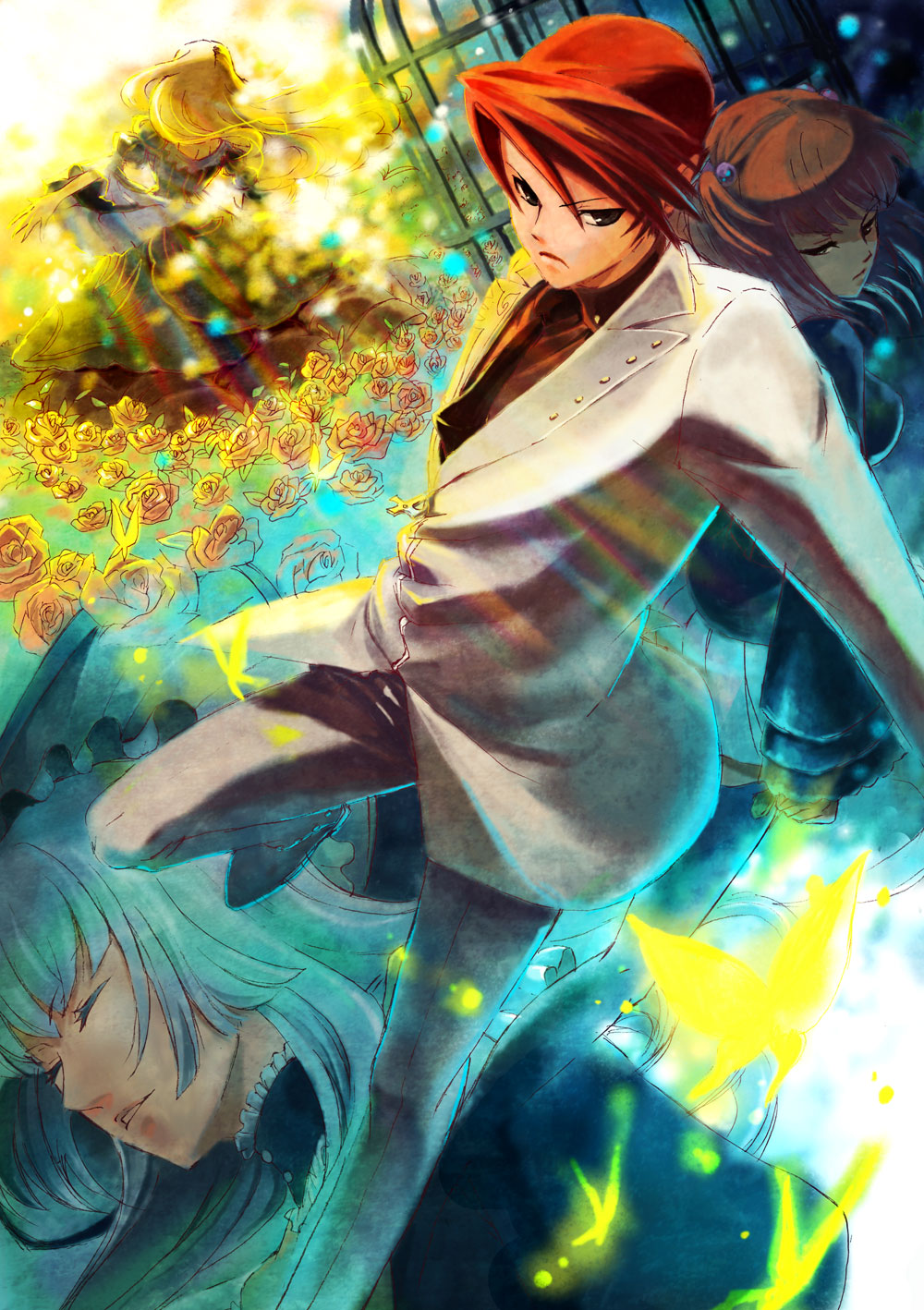 yamato (inraitei), yamatoon, beatrice (umineko), ushiromiya ange, ushiromiya battler, virgilia (umineko), umineko no naku koro ni, highres, 00s, 1boy, 3girls, back-to-back, black eyes, blonde hair, blue eyes, blunt bangs, bug, butterfly, cage, choker, closed eyes, cross, dress, flower, frills, hair bobbles, hair ornament, hat, hime cut, insect, jacket, long hair, multiple girls, necktie, red hair, ribbon, rose, serious, short hair, skirt, thighhighs, twintails, white hair, zettai ryouiki