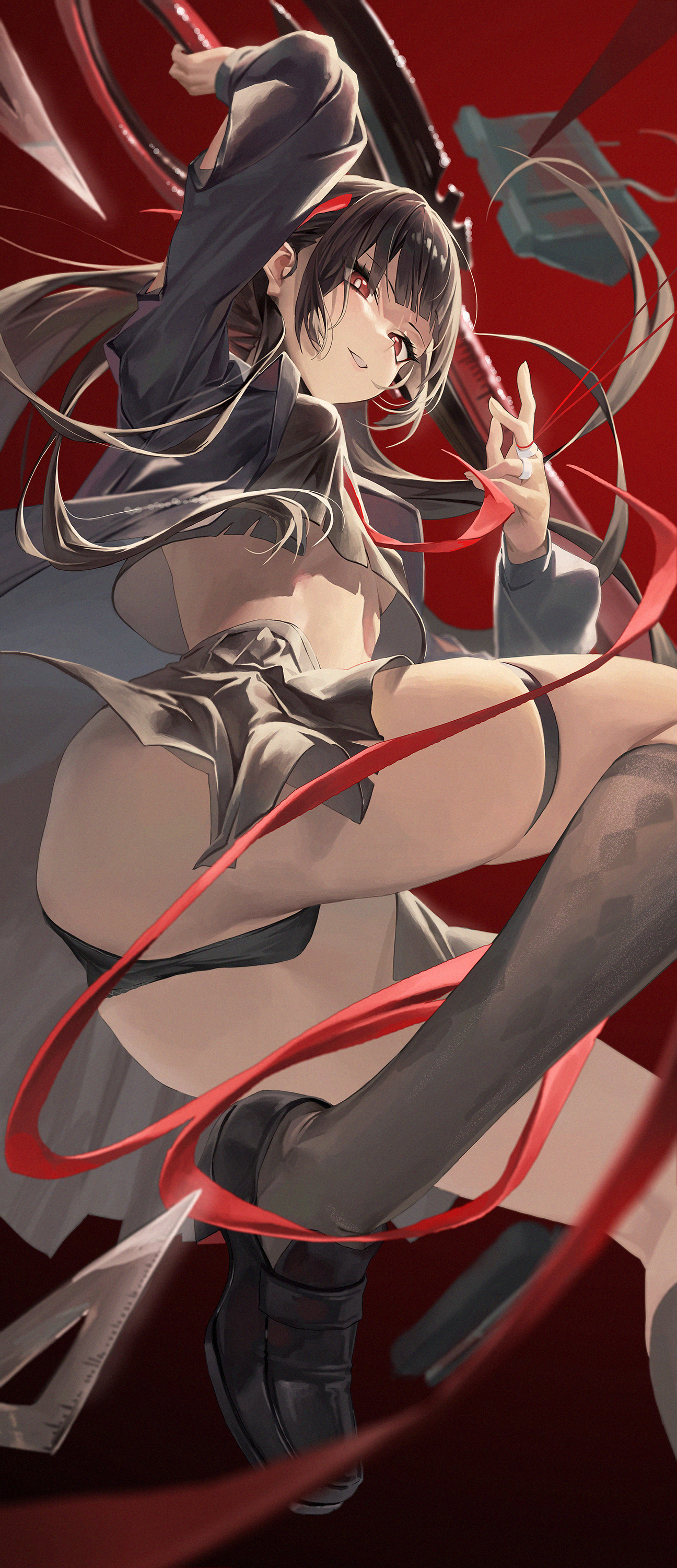 momo (2240807), chisa (wuthering waves), wuthering waves, absurdres, commentary, highres, 1girl, arm up, black hair, black jacket, black panties, black shirt, black shoes, black skirt, black socks, breasts, bright pupils, crop top, from below, from side, holding, holding sword, holding weapon, jacket, long hair, looking at viewer, looking down, medium breasts, panties, parted lips, red background, red eyes, shirt, shoes, skirt, smile, socks, solo, sword, thighs, underwear, upskirt, weapon, white pupils