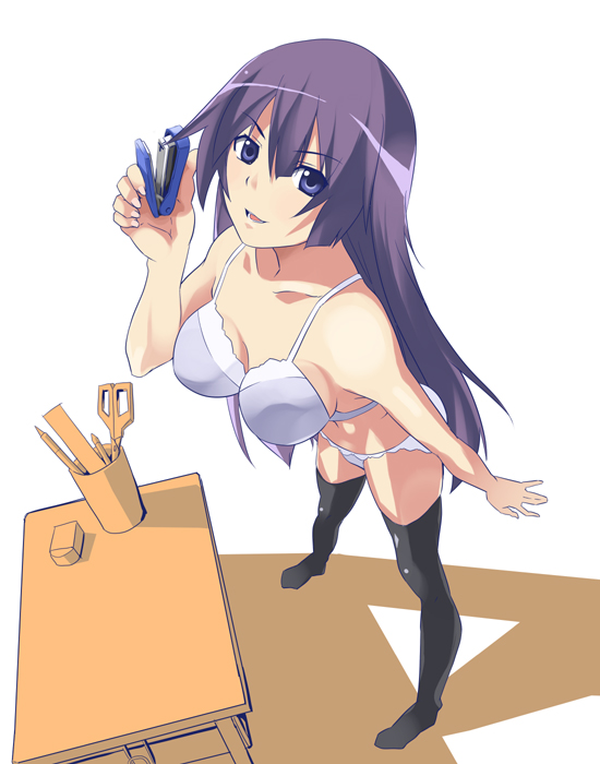 date (senpen), senjougahara hitagi, bakemonogatari, monogatari (series), 00s, 1girl, blue eyes, bra, female focus, legs, lingerie, long hair, panties, purple hair, solo, standing, stapler, stationery, thighhighs, underwear, underwear only