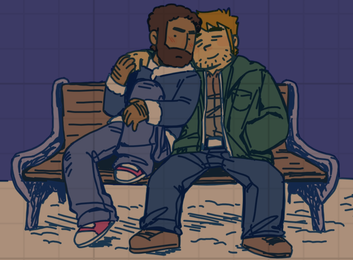 null (mr not null), stephen stills, scott pilgrim (series), scott pilgrim takes off, . ., 2boys, bara, beard over mouth, blush, brown hair, couple, dark-skinned male, dark skin, deformed, denim, facial hair, forked eyebrows, hand hair, holding hands, jacket, jeans, joseph (scott pilgrim), leg up, male focus, medium sideburns, multiple boys, on bench, pants, shoes, short hair, sideburns stubble, smile, sparse stubble, stubble, thick eyebrows, yaoi