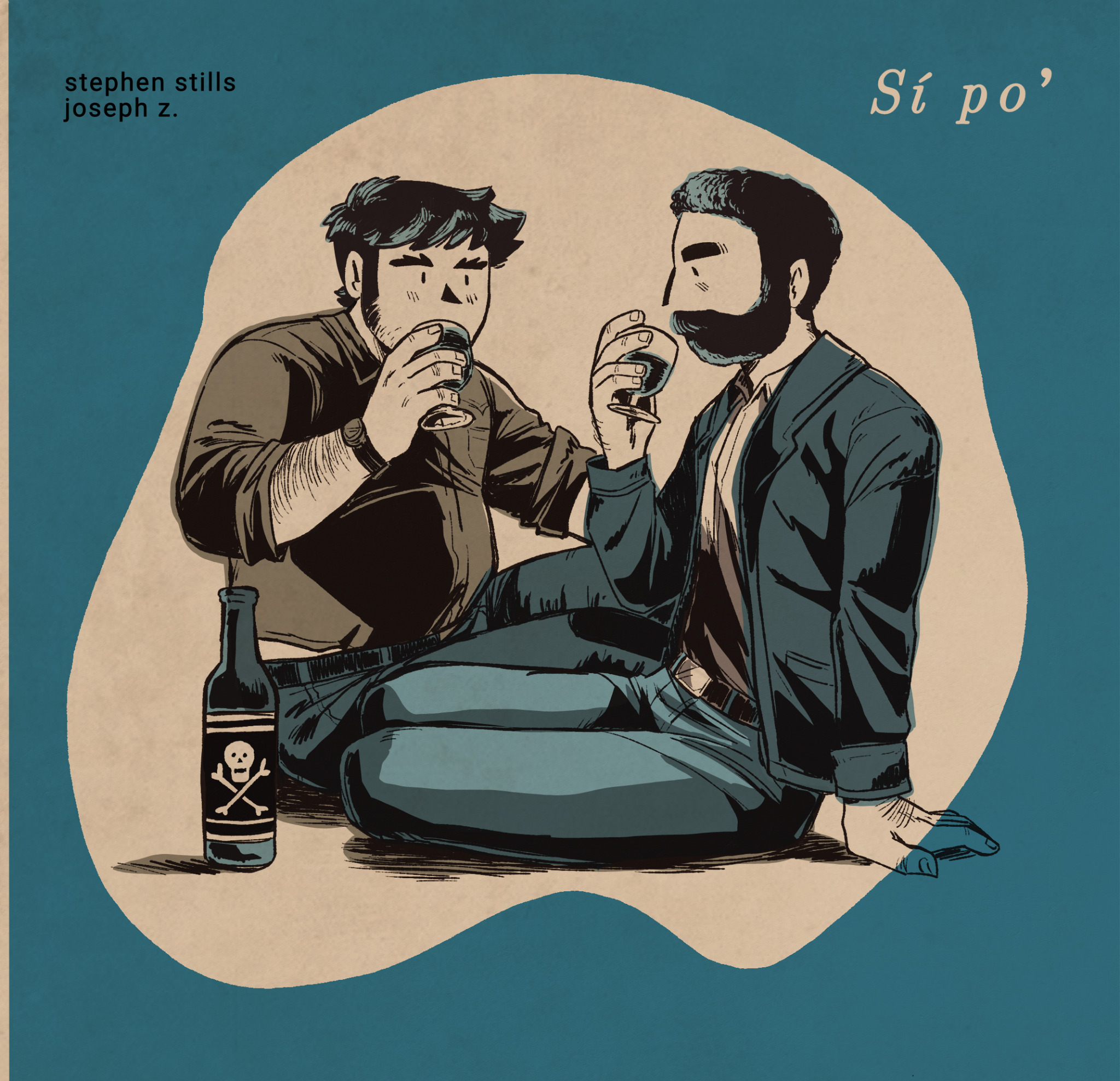 null (mr not null), stephen stills, scott pilgrim (series), scott pilgrim takes off, commentary, english commentary, highres, parody request, 2boys, alcohol, bara, beard over mouth, belly, belt, blue theme, couple, cup, denim, drinking glass, facial hair, forked eyebrows, jacket, jeans, joseph (scott pilgrim), male focus, medium sideburns, multiple boys, pants, plump, profile, short hair, sideburns stubble, sitting, skull print, sleeves rolled up, sparse stubble, stubble, thick arm hair, thick eyebrows, wine, wine glass, yaoi