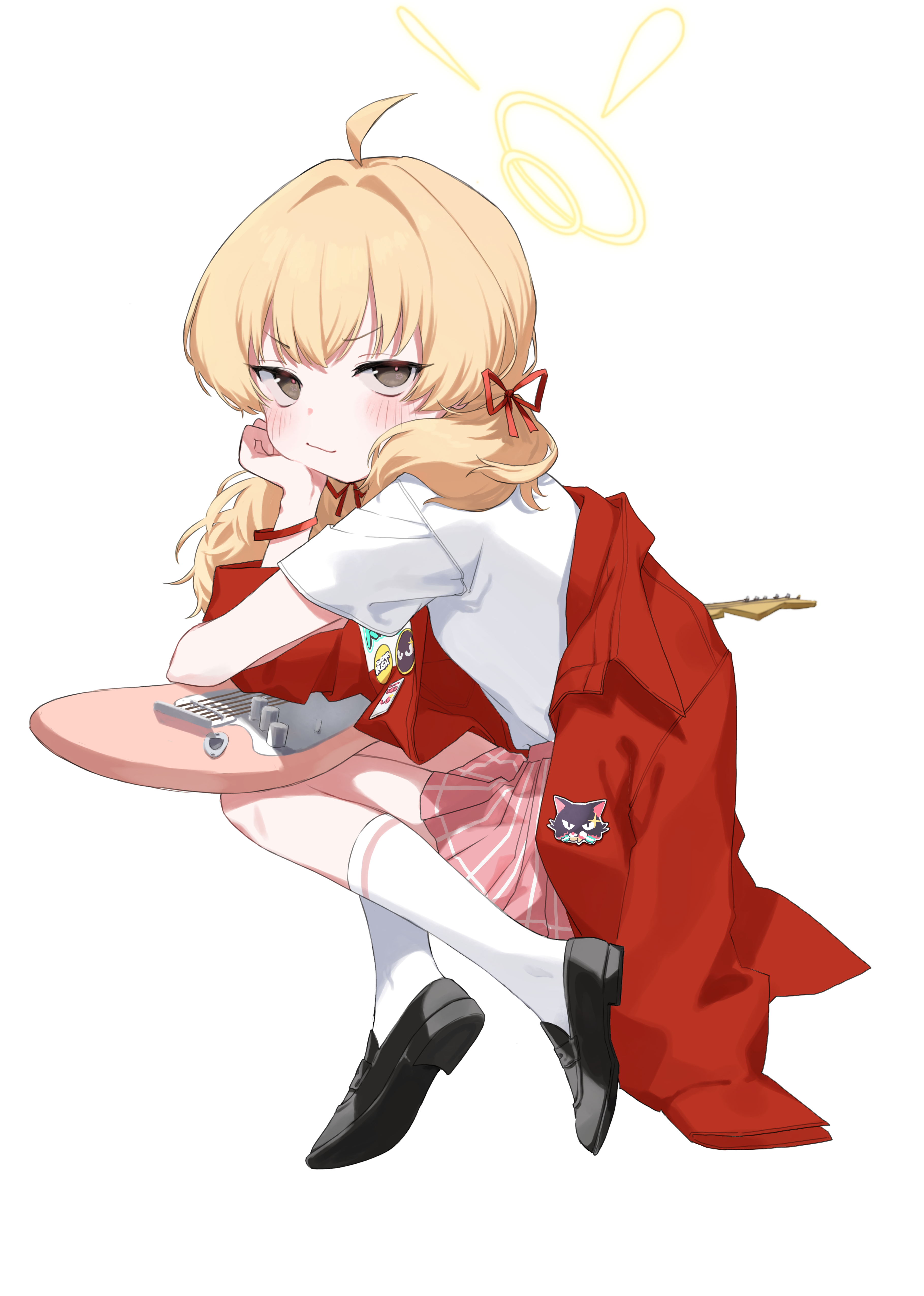 kisaka, yoshimi (band) (blue archive), yoshimi (blue archive), blue archive, absurdres, commentary request, highres, >:), 1girl, ahoge, black shoes, blonde hair, blush, brown eyes, closed mouth, from side, full body, guitar, hair between eyes, hair intakes, hair ribbon, halo, hand on own cheek, hand on own face, hand up, instrument, jacket, kneehighs, loafers, long hair, looking at viewer, low twintails, miniskirt, official alternate costume, official alternate hairstyle, open clothes, open jacket, pink pupils, plaid clothes, plaid skirt, pleated skirt, red jacket, red ribbon, ribbon, shirt, shoes, short sleeves, simple background, sitting, skirt, smile, socks, solo, t-shirt, twintails, upturned eyes, v-shaped eyebrows, white background, white shirt, white socks, yellow halo