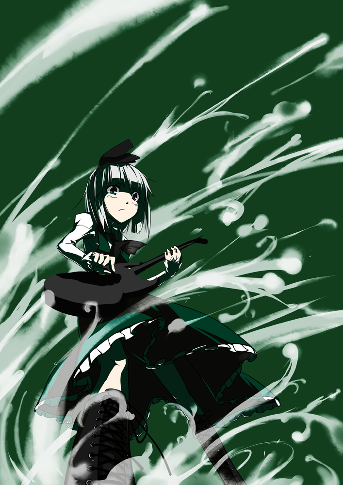 y/n, konpaku youmu, touhou, silver hair, 1girl, female focus, green eyes, guitar, hairband, instrument, short hair, solo