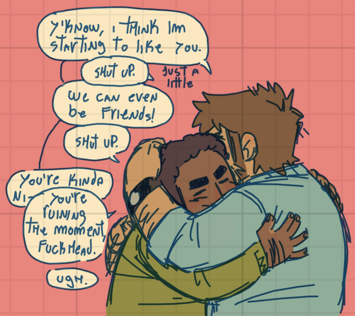 null (mr not null), stephen stills, scott pilgrim (series), scott pilgrim takes off, commentary, english commentary, 2boys, bara, blush, brown hair, couple, english text, facial hair, forked eyebrows, from side, hug, joseph (scott pilgrim), male focus, medium sideburns, multiple boys, pink background, short hair, sideburns stubble, sketch, sparse stubble, speech bubble, stubble, thick eyebrows, upper body, watch, wristwatch, yaoi