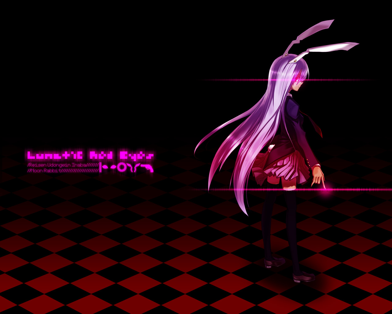 y/n, reisen udongein inaba, touhou, 1girl, animal ears, blazer, female focus, gradient background, jacket, long hair, necktie, purple eyes, purple hair, rabbit ears, skirt, solo, thighhighs