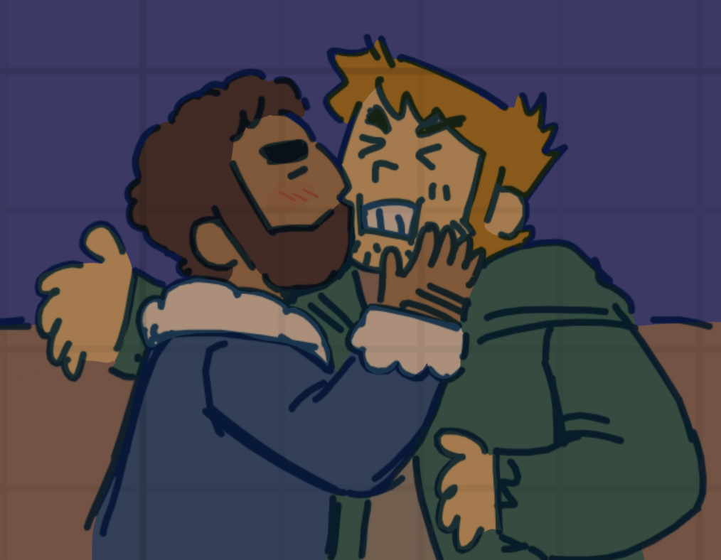 null (mr not null), stephen stills, scott pilgrim (series), scott pilgrim takes off, > <, 2boys, bara, beard over mouth, brown hair, chibi, chibi only, clenched teeth, couple, deformed, facial hair, forked eyebrows, hand hair, jacket, joseph (scott pilgrim), kiss, kissing cheek, male focus, medium sideburns, multiple boys, short hair, sideburns stubble, sparse stubble, stubble, teeth, thick eyebrows, upper body, v-shaped eyebrows, yaoi