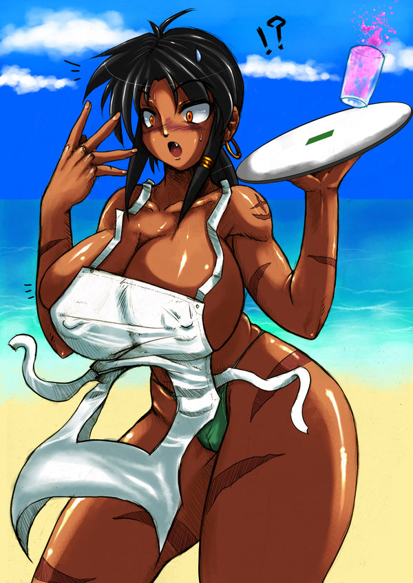rhemora, khalida trish, original, apron, beach, black hair, breasts, bursting breasts, curvy, dark-skinned female, dark skin, day, drink, fang, huge breasts, large breasts, scar, solo, surprised, thick thighs, thighs, tray, waitress