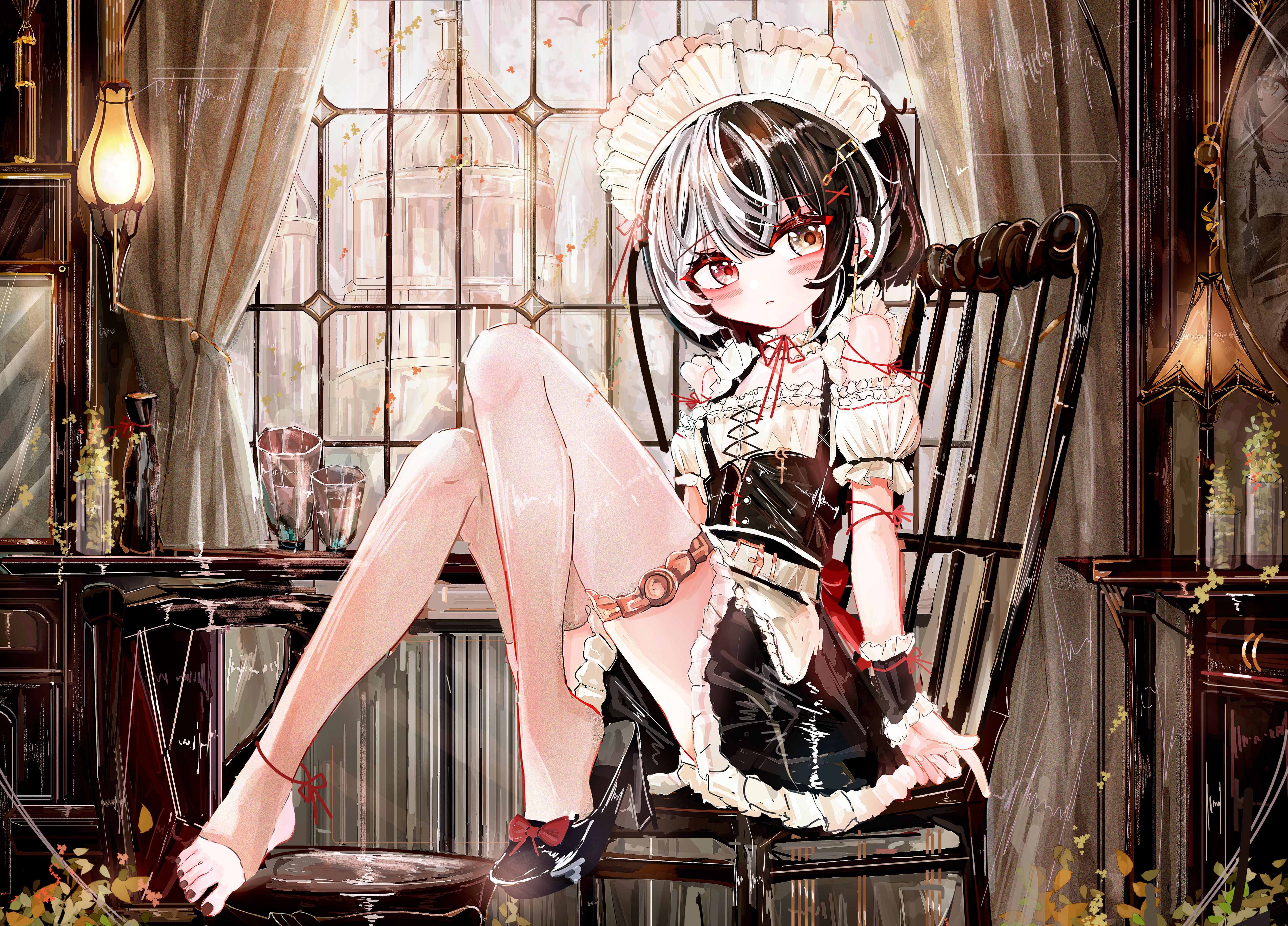 a1u, original, absurdres, commentary request, highres, revision, 1girl, barefoot, black dress, black hair, blush, breasts, chair, closed mouth, detached sleeves, dress, heterochromia, high heels, indoors, maid, maid headdress, multicolored hair, nail polish, on chair, puffy short sleeves, puffy sleeves, red eyes, red nails, shoes, short sleeves, single shoe, sitting, small breasts, solo, split-color hair, stirrup legwear, thighhighs, toeless legwear, toenail polish, toenails, toes, white hair, white thighhighs