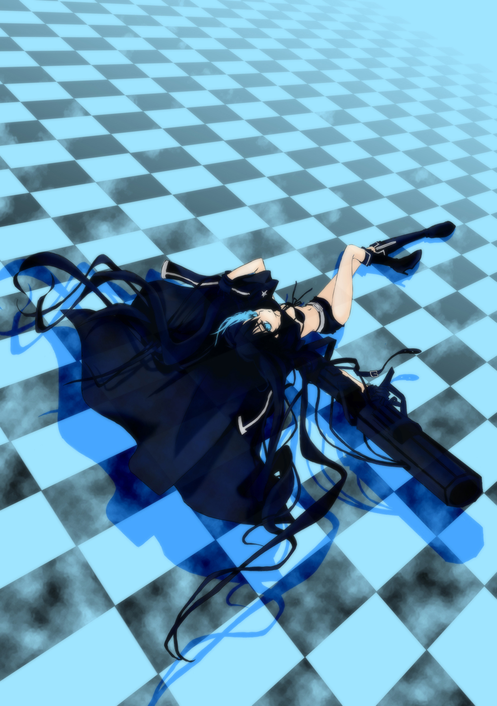 lime (artist), lime (pixiv), black rock shooter (character), black rock shooter, bad id, bad pixiv id, highres, 10s, 1girl, arm cannon, bikini, bikini top only, black hair, blue eyes, boots, checkered floor, coat, female focus, glowing, glowing eyes, gun, long hair, lying, midriff, navel, on back, pale skin, shorts, solo, swimsuit, twintails, very long hair, weapon