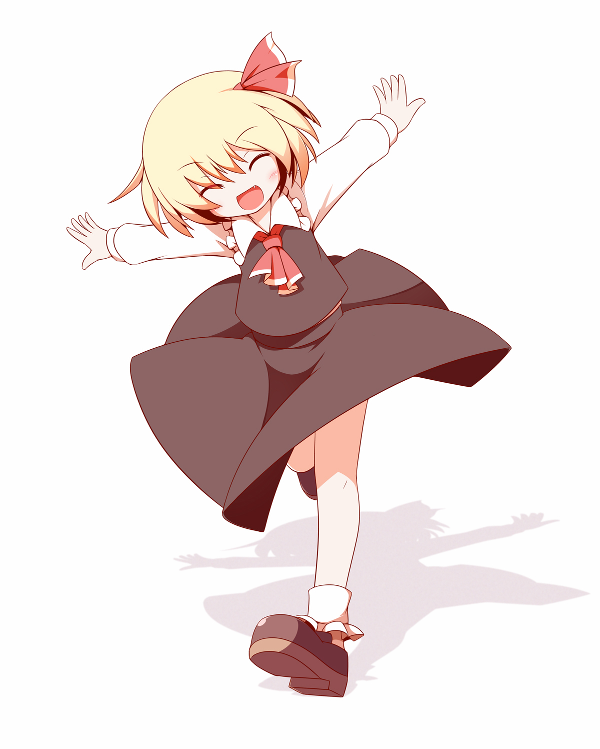 miko machi, rumia, embodiment of scarlet devil, touhou, highres, md5 mismatch, 1girl, blonde hair, closed eyes, fang, female focus, hair ribbon, ribbon, running, short hair, solo