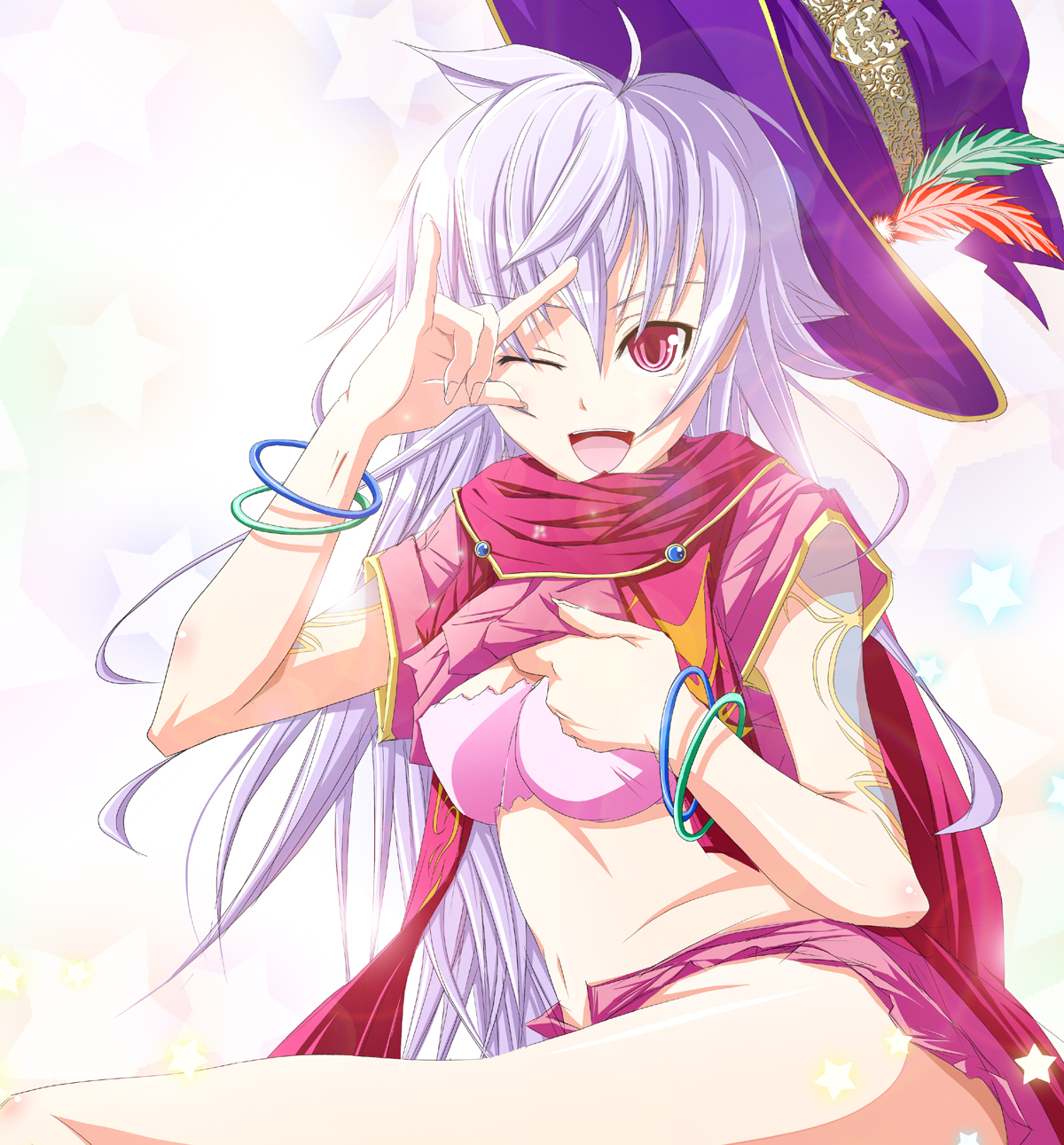 mana (blade of mana), fantasy earth zero, bad id, bad pixiv id, highres, 1girl, bracelet, clothes lift, feathers, female focus, hat, jewelry, long hair, midriff, navel, one eye closed, open mouth, purple hair, red eyes, shirt lift, sitting, solo, star (symbol), tattoo, wink