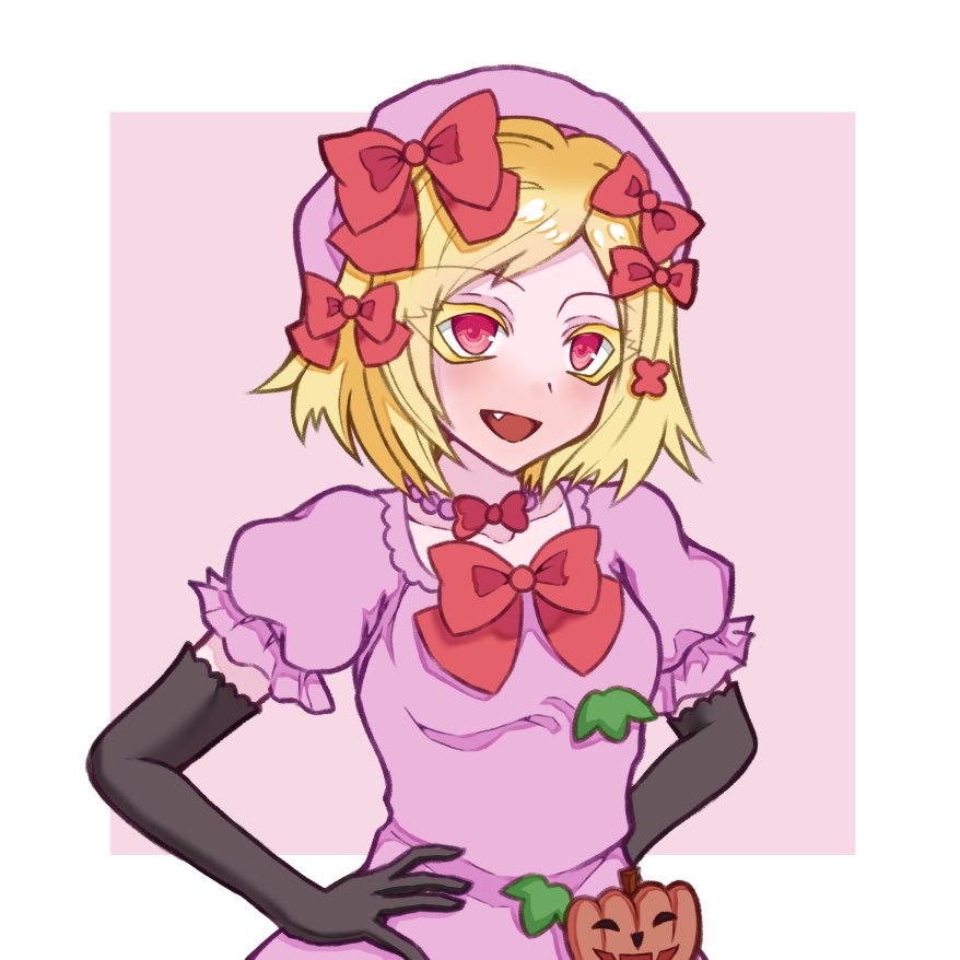 lambdadelta, umineko no naku koro ni, commentary request, 1girl, beret, black gloves, blonde hair, bow, colored eyelashes, dress bow, elbow gloves, fang, gloves, hair ribbon, hands on own hips, hat, hat bow, jack-o'-lantern, jewelry, necklace, pearl necklace, pink hat, puffy short sleeves, puffy sleeves, red eyes, red ribbon, ribbon, short hair, short sleeves, smile, solo, tomorrow2311, two-tone background