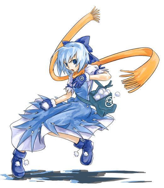 y/n, cirno, cirno-nee, touhou, 1girl, blue eyes, blue hair, boots, bow, circled 9, female focus, orange scarf, scarf, short hair, snowball, solo, wings