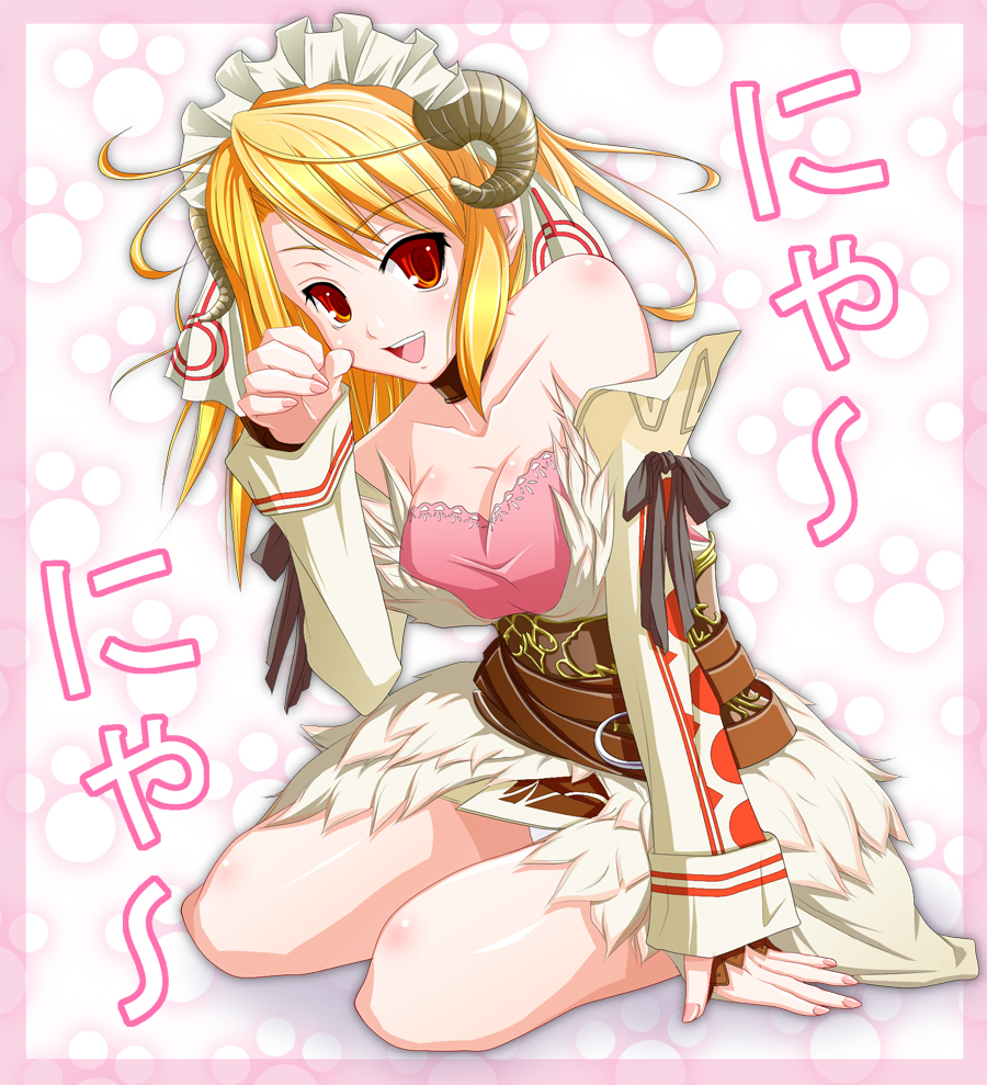 mana (blade of mana), corriedale (fantasy earth zero), fantasy earth zero, bad id, bad pixiv id, 1girl, blonde hair, breasts, choker, detached sleeves, female focus, hairband, horns, large breasts, open mouth, orange eyes, solo