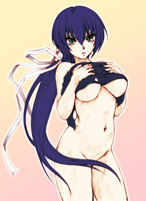 hisahiko, 1girl, blue hair, bottomless, breast suppress, breasts, female focus, green eyes, large breasts, long hair, solo, towel, underboob