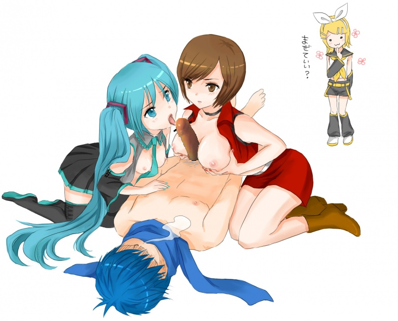 vocaloid, blue hair, breasts, cum, green hair, penis, simple background