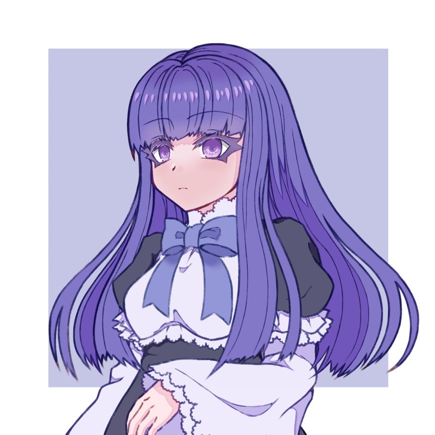 frederica bernkastel, umineko no naku koro ni, commentary request, 1girl, black dress, bow, colored eyelashes, dress, dress bow, frilled dress, frills, hime cut, layered sleeves, puffy sleeves, purple bow, purple eyes, purple hair, sidelocks, solo, tomorrow2311, two-tone background, wide sleeves