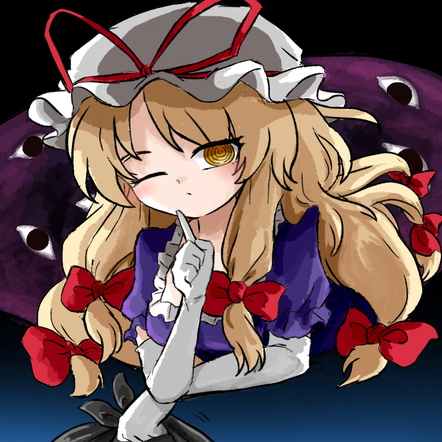 heripantomorrow, yakumo yukari, touhou, commentary request, 1girl, bag, black bag, blonde hair, bow, dress, elbow gloves, finger to mouth, frilled sleeves, frills, gap (touhou), gloves, gradient background, hair bow, hat, hat ribbon, holding, holding bag, long hair, low-tied sidelocks, mob cap, multiple hair bows, one eye closed, parted bangs, purple dress, red bow, red ribbon, ribbon, ringed eyes, shushing, sidelocks, solo, very long hair, white gloves, yellow eyes