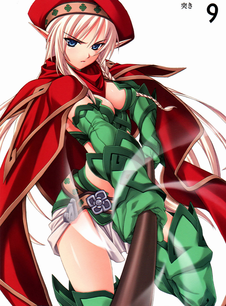 matsuryuu, alleyne (queen's blade), fighting master alleyne, queen's blade, highres, 00s, 1girl, beret, blonde hair, blue eyes, boots, braid, breasts, cape, cleavage, elbow gloves, elf, female focus, gloves, hat, long hair, midriff, pointy ears, polearm, side braid, solo, thigh boots, thighhighs, weapon
