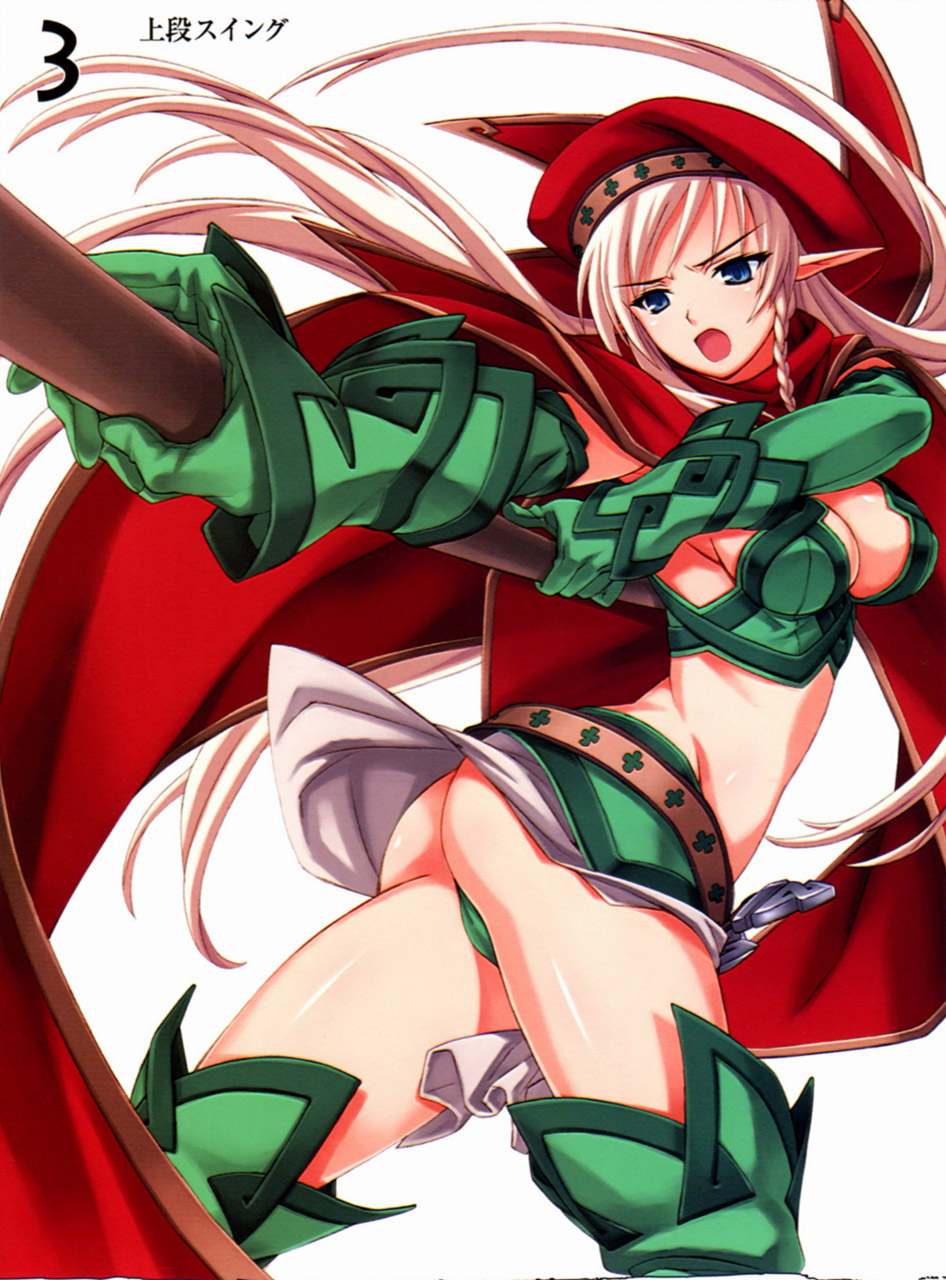 matsuryuu, alleyne (queen's blade), fighting master alleyne, queen's blade, highres, 00s, 1girl, ass, beret, blonde hair, blue eyes, braid, cape, elbow gloves, elf, female focus, gloves, hat, leaf print, long hair, open mouth, panties, pointy ears, polearm, print panties, solo, thighhighs, underwear, weapon