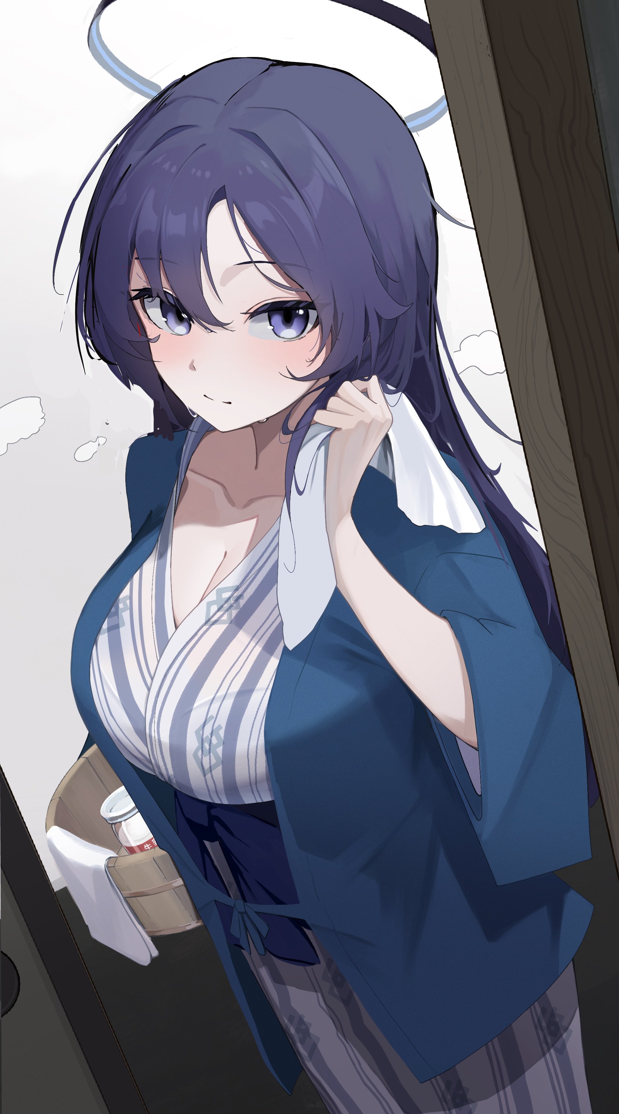 sukoyaka konbu, yuuka (blue archive), blue archive, absurdres, commentary request, highres, revision, 1girl, after bathing, alternate costume, alternate hairstyle, bath yukata, black halo, blush, breasts, bucket, cleavage, closed mouth, collarbone, collared shirt, dutch angle, hair down, hair intakes, halo, hand up, hanten (clothes), holding, holding towel, japanese clothes, kimono, large breasts, long hair, looking at viewer, mechanical halo, puff of air, purple eyes, purple hair, shirt, smile, solo, split mouth, straight hair, towel, very long hair, wooden bucket, yukata