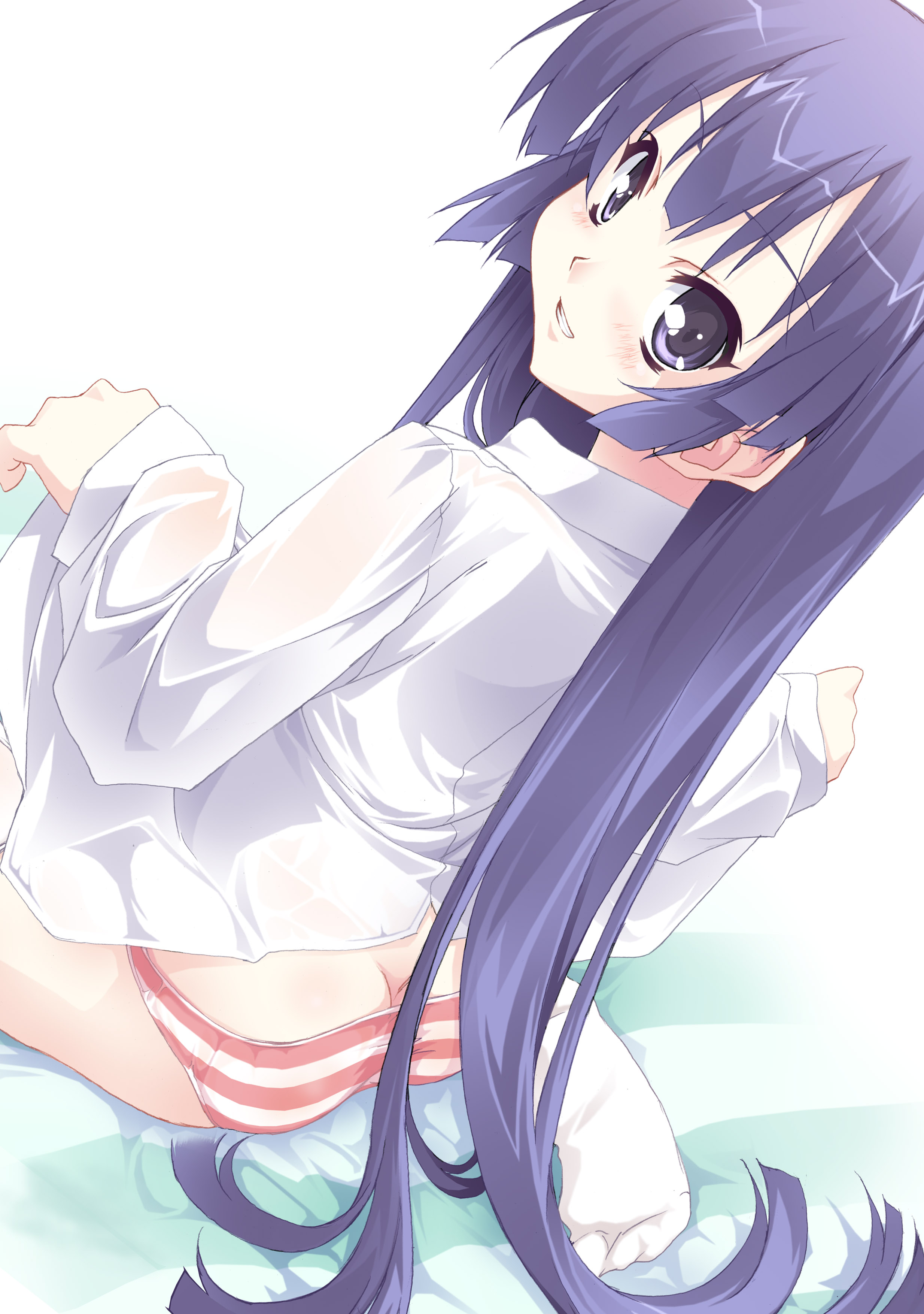 yamano sachi, original, absurdres, highres, ass, bed, blue eyes, blue hair, blunt bangs, dress shirt, long hair, looking back, panties, shirt, socks, striped clothes, striped panties, underwear, very long hair
