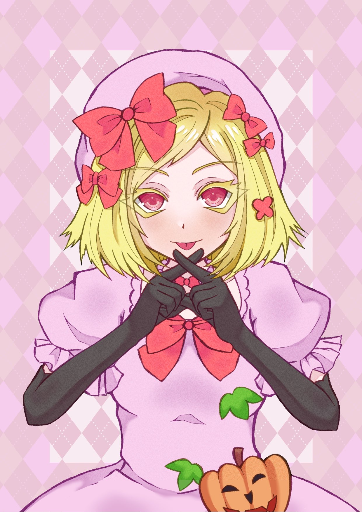 lambdadelta, umineko no naku koro ni, commentary request, highres, 1girl, :p, argyle background, beret, blonde hair, bow, colored eyelashes, dress ribbon, elbow gloves, gloves, hair bow, hat, jack-o'-lantern, looking at viewer, multiple hair bows, parted bangs, pink hat, puffy short sleeves, puffy sleeves, red bow, red eyes, short hair, short sleeves, solo, tomorrow2311, tongue, tongue out, x fingers