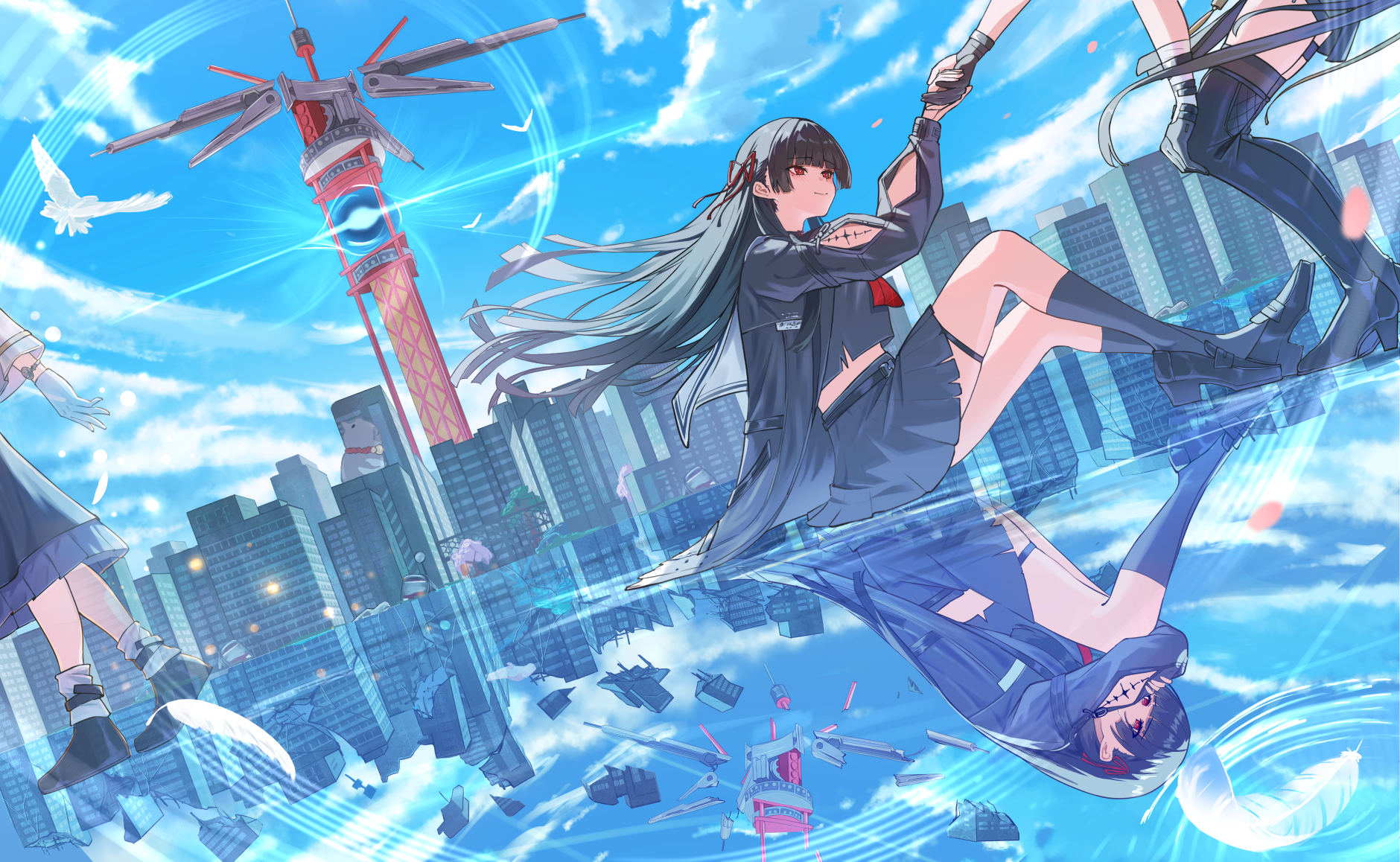 oiro ik, chisa (wuthering waves), female rover (wuthering waves), rover (wuthering waves), wuthering waves, commentary, highres, 1other, 2girls, arm cutout, black hair, black jacket, black serafuku, black shirt, black shoes, black skirt, black socks, blue sky, breasts, clothing cutout, day, different reflection, hair ribbon, jacket, long sleeves, medium breasts, multiple girls, outdoors, red ribbon, reflection, reflective floor, ribbon, sailor collar, school uniform, serafuku, shirt, shoes, sitting, skirt, sky, socks, tacet mark (wuthering waves), taking another's hand, thigh strap, white sailor collar