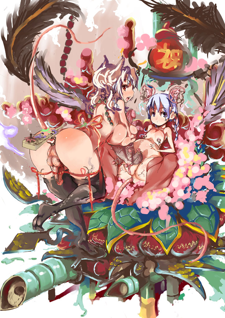saimon fumie, 2futa, anal beads, anal tail, animal ears, breasts, butt plug, extra penises, fake tail, futa with futa, futanari, huge breasts, multiple futa, nipple piercing, penis, piercing, pregnant, pussy, sex toy, single wing, small breasts, tail, thighhighs, what, wings